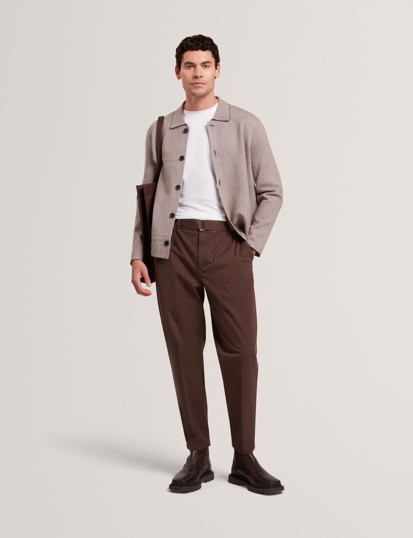 Ted Baker THIMON - Herringbone Knit Button-Up Jacket DARK BROWN