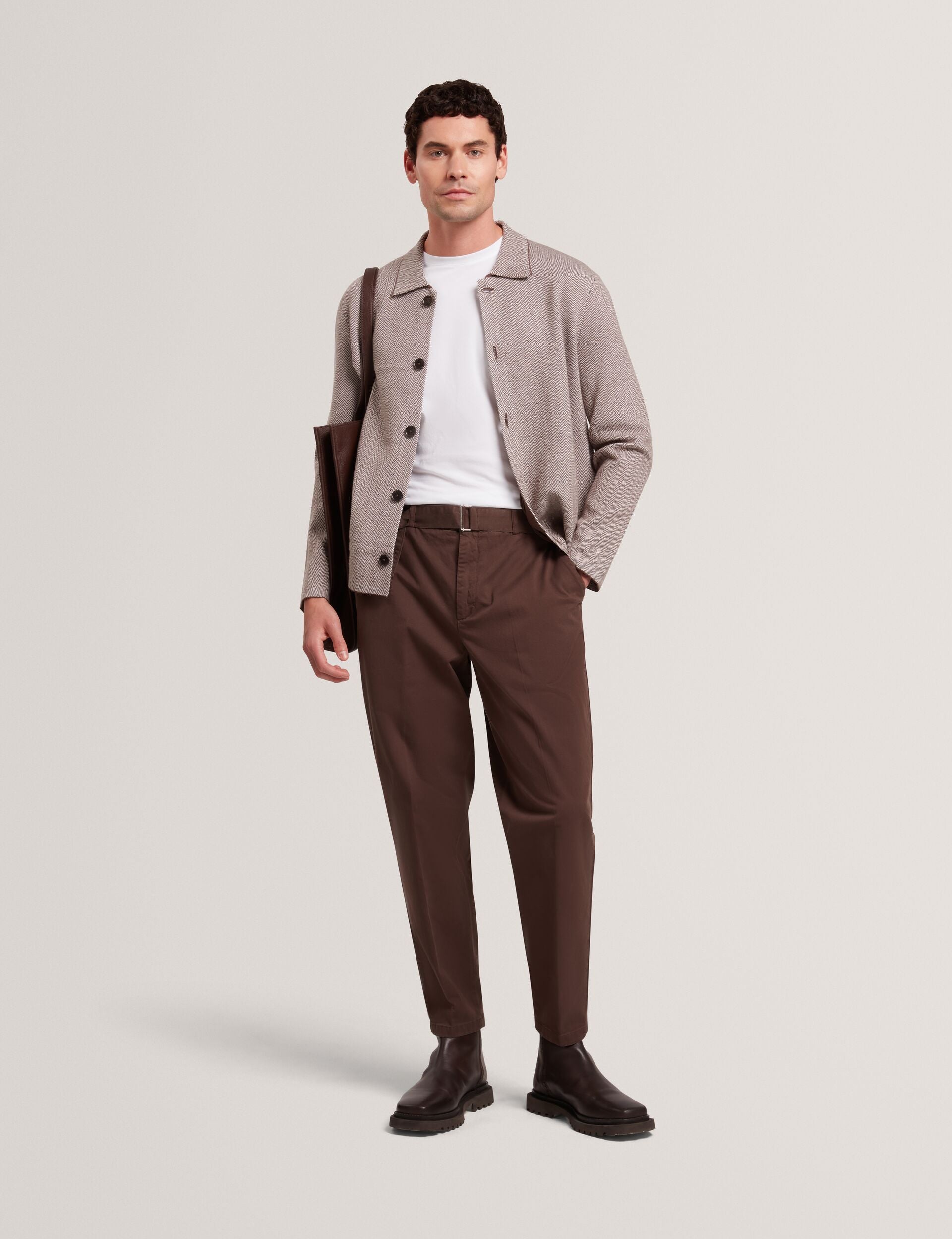 Ted Baker THIMON - Herringbone Knit Button-Up Jacket DARK BROWN