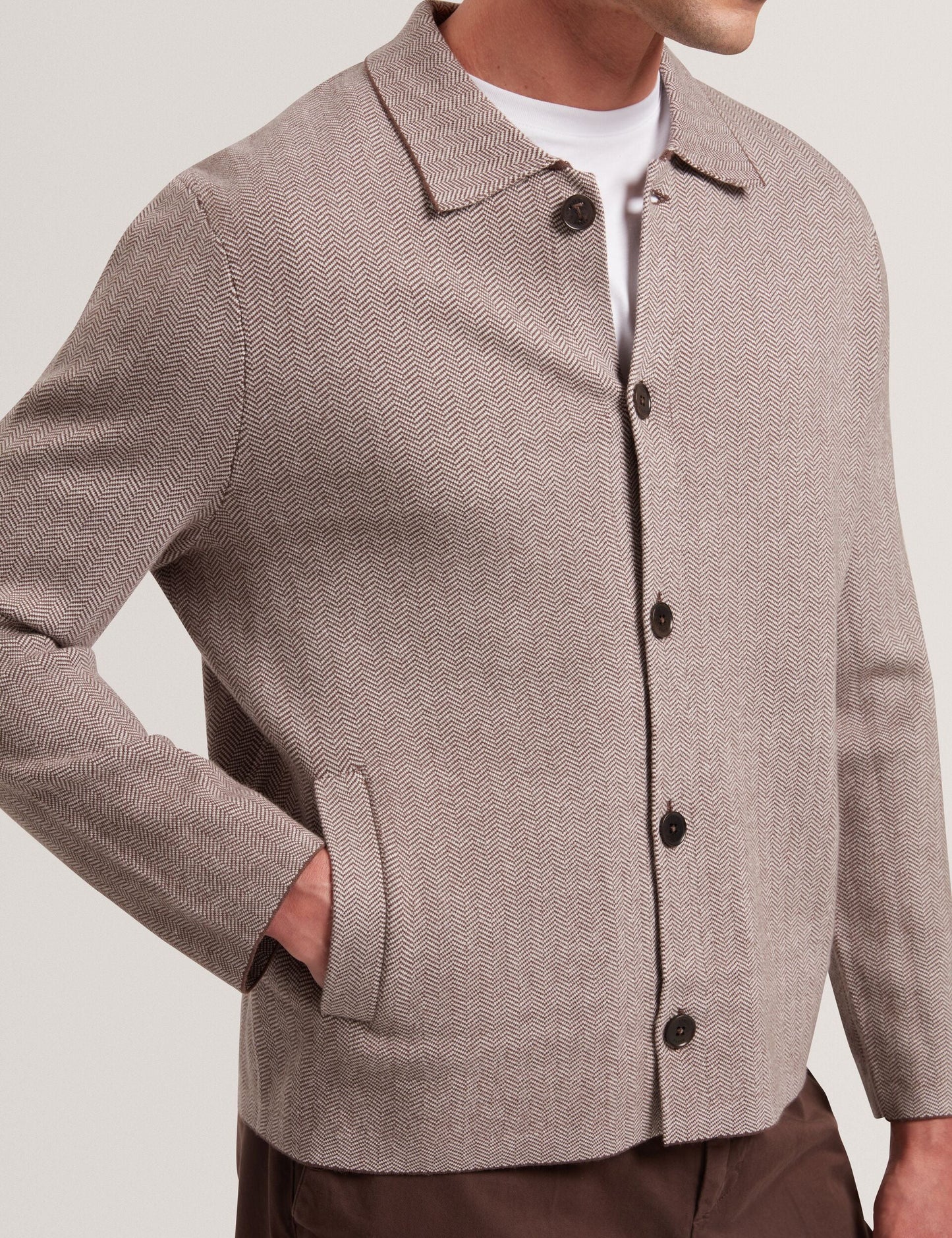 Ted Baker THIMON - Herringbone Knit Button-Up Jacket DARK BROWN