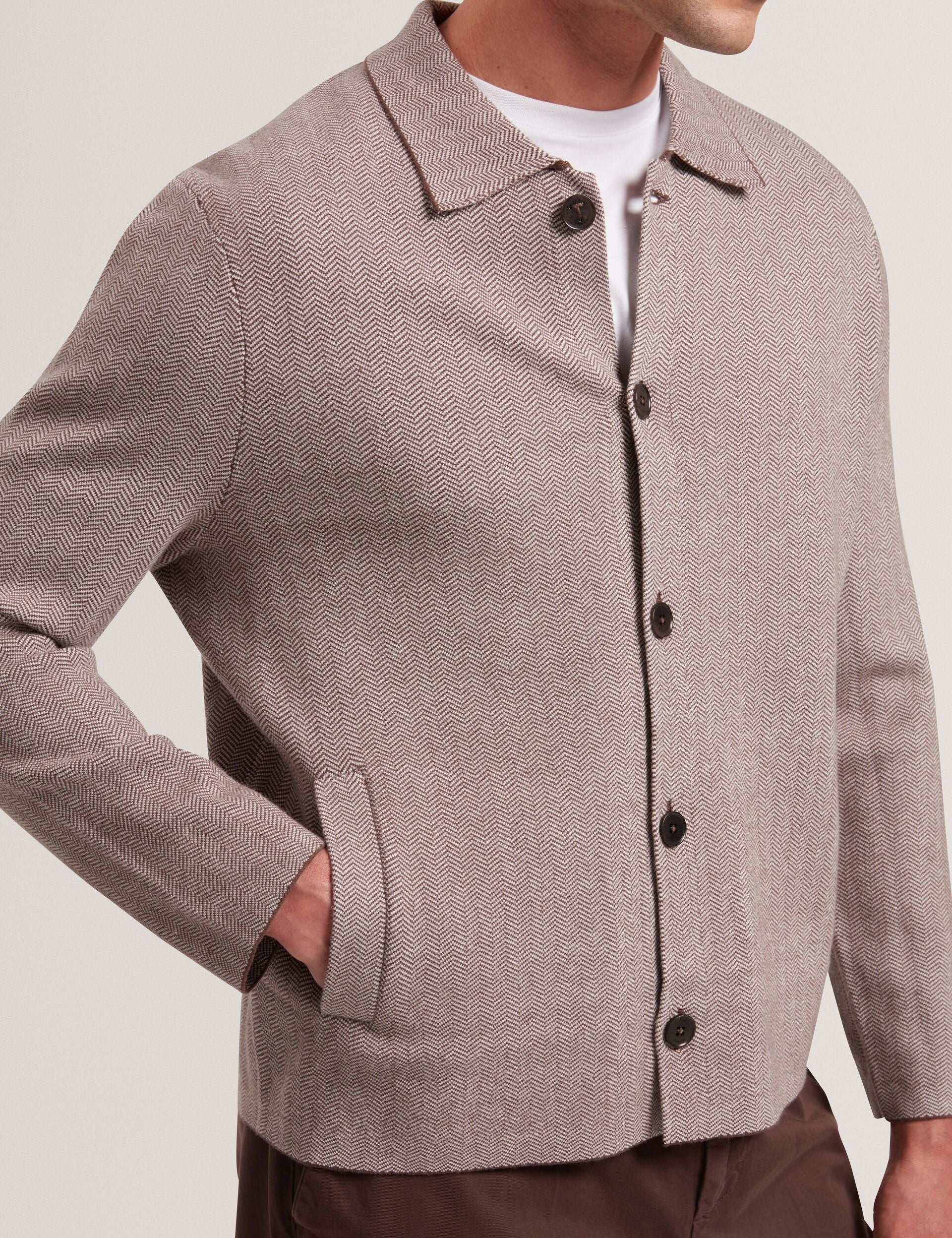 Ted Baker THIMON - Herringbone Knit Button-Up Jacket DARK BROWN