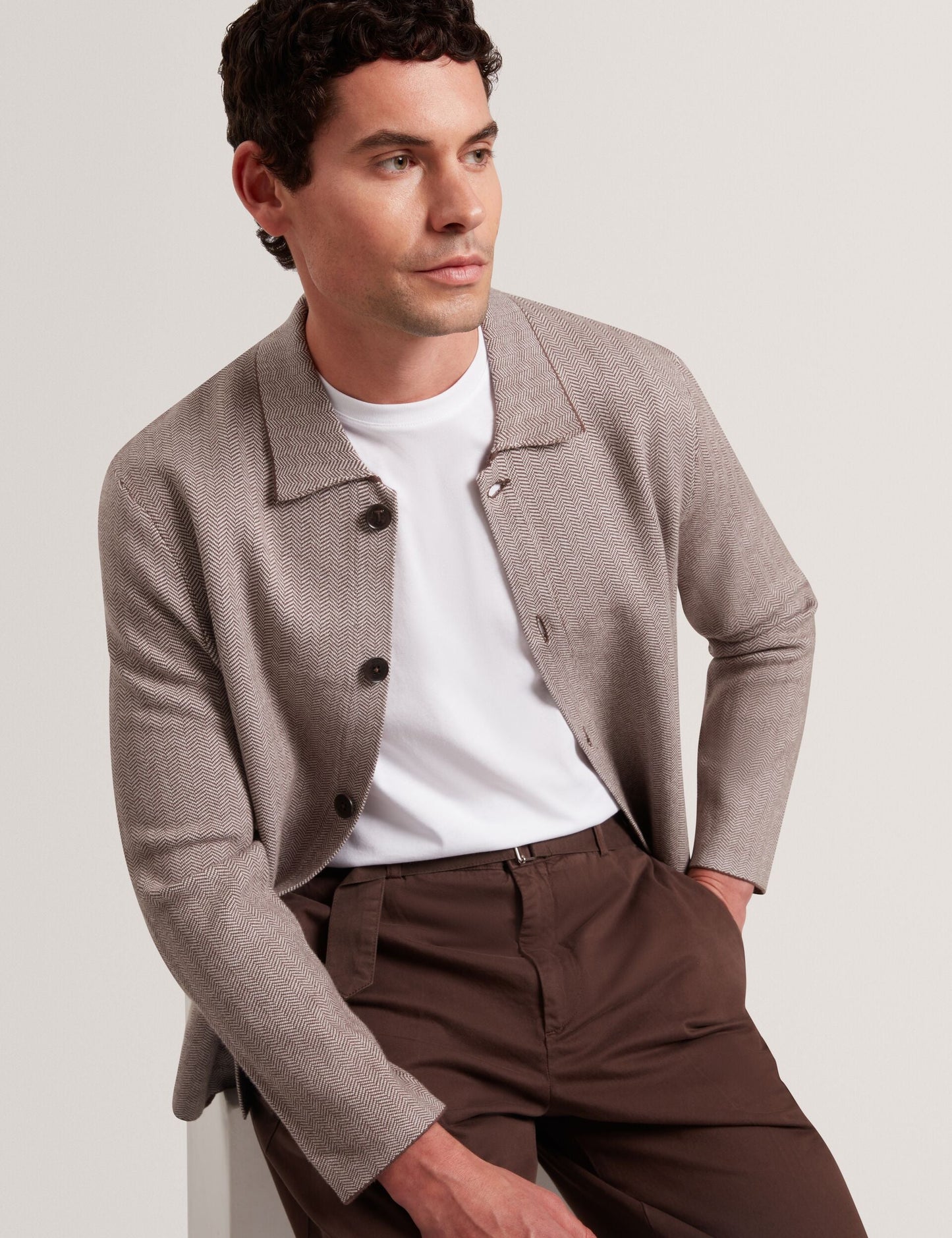 Ted Baker THIMON - Herringbone Knit Button-Up Jacket DARK BROWN