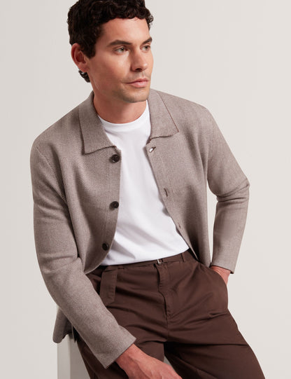 Ted Baker THIMON - Herringbone Knit Button-Up Jacket DARK BROWN
