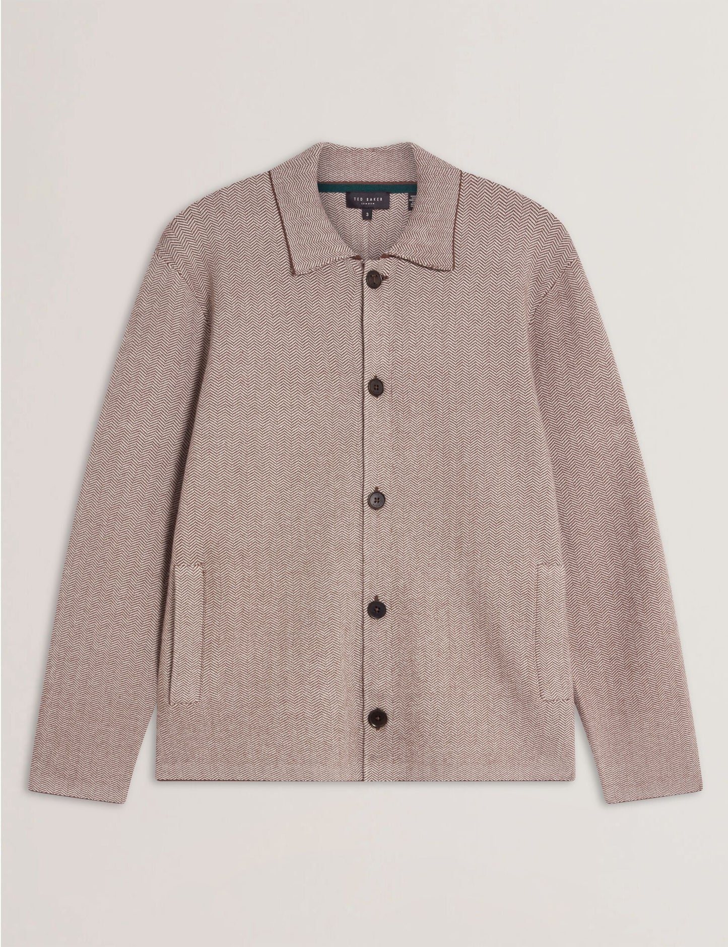 Ted Baker THIMON - Herringbone Knit Button-Up Jacket DARK BROWN