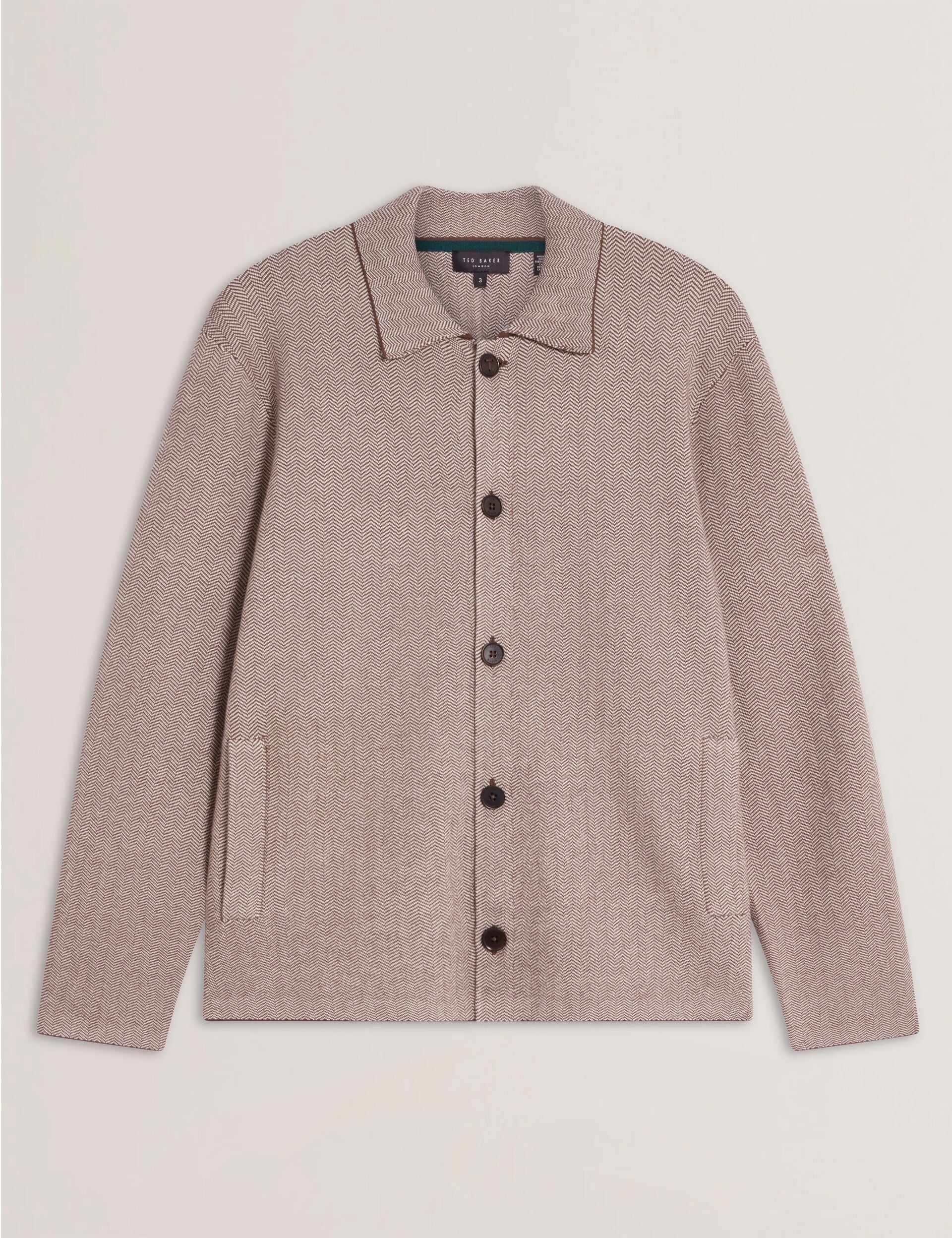 Ted Baker THIMON - Herringbone Knit Button-Up Jacket DARK BROWN