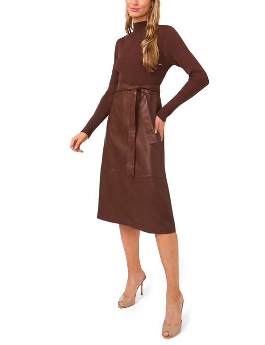 Ted Baker ONEIDA – Mock Neck Midi Dress with Faux Leather Skirt CHOCOLATE