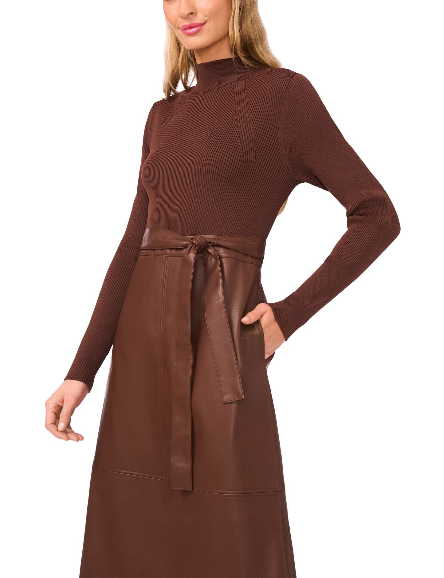 Ted Baker ONEIDA – Mock Neck Midi Dress with Faux Leather Skirt CHOCOLATE