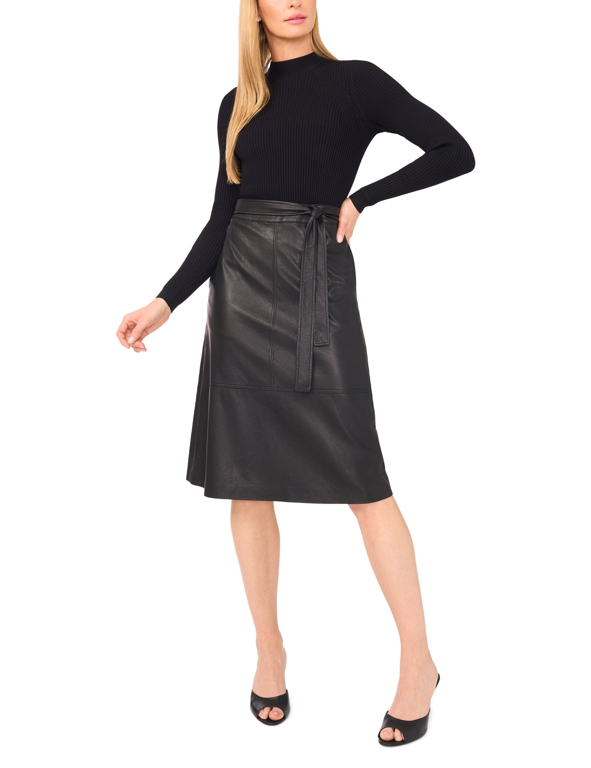 Ted Baker ONEIDA – Mock Neck Midi Dress with Faux Leather Skirt BLACK