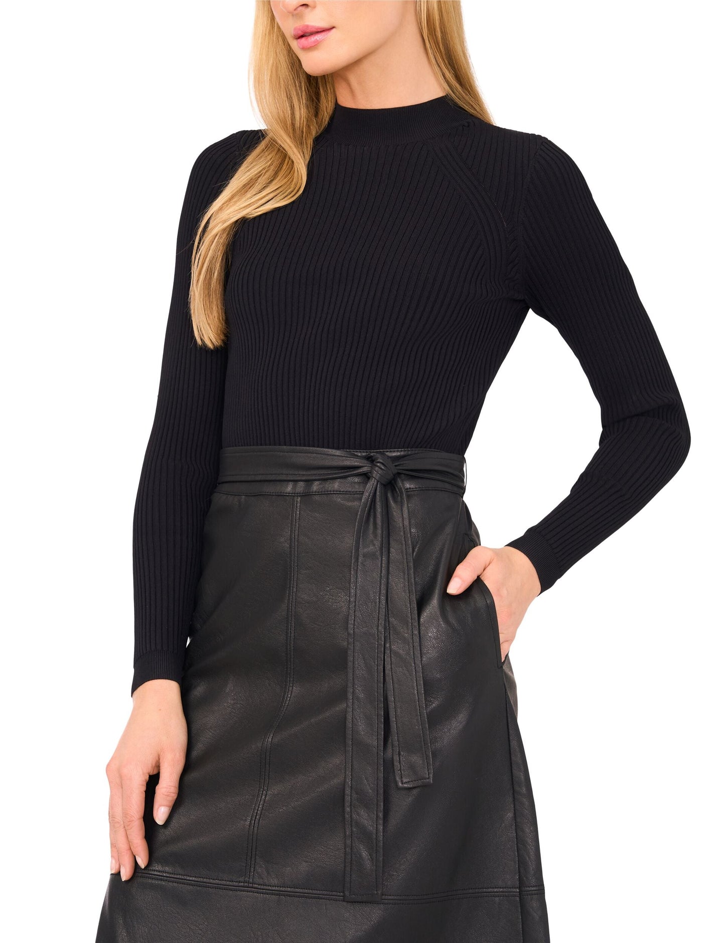 Ted Baker ONEIDA – Mock Neck Midi Dress with Faux Leather Skirt BLACK