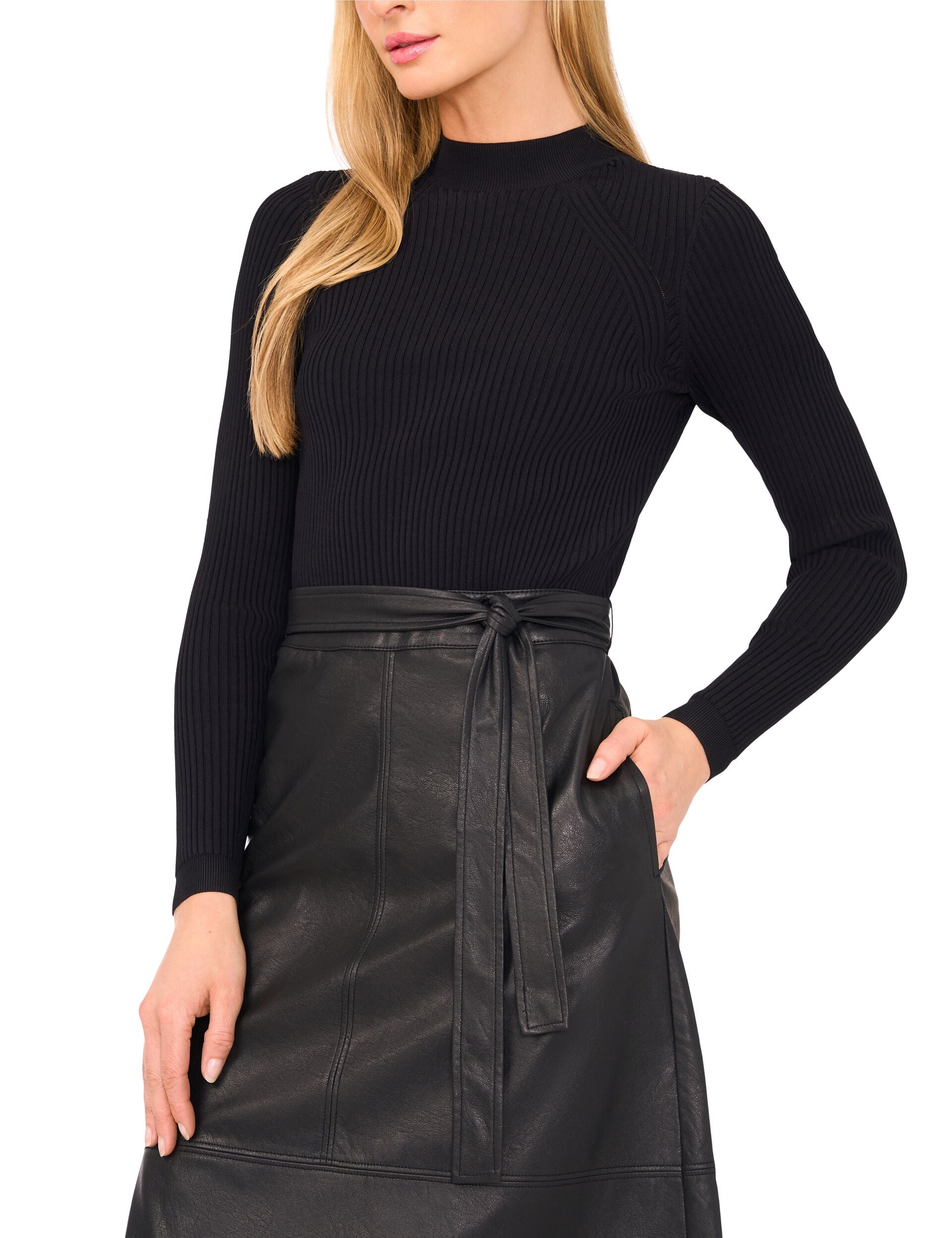 Ted Baker ONEIDA – Mock Neck Midi Dress with Faux Leather Skirt BLACK