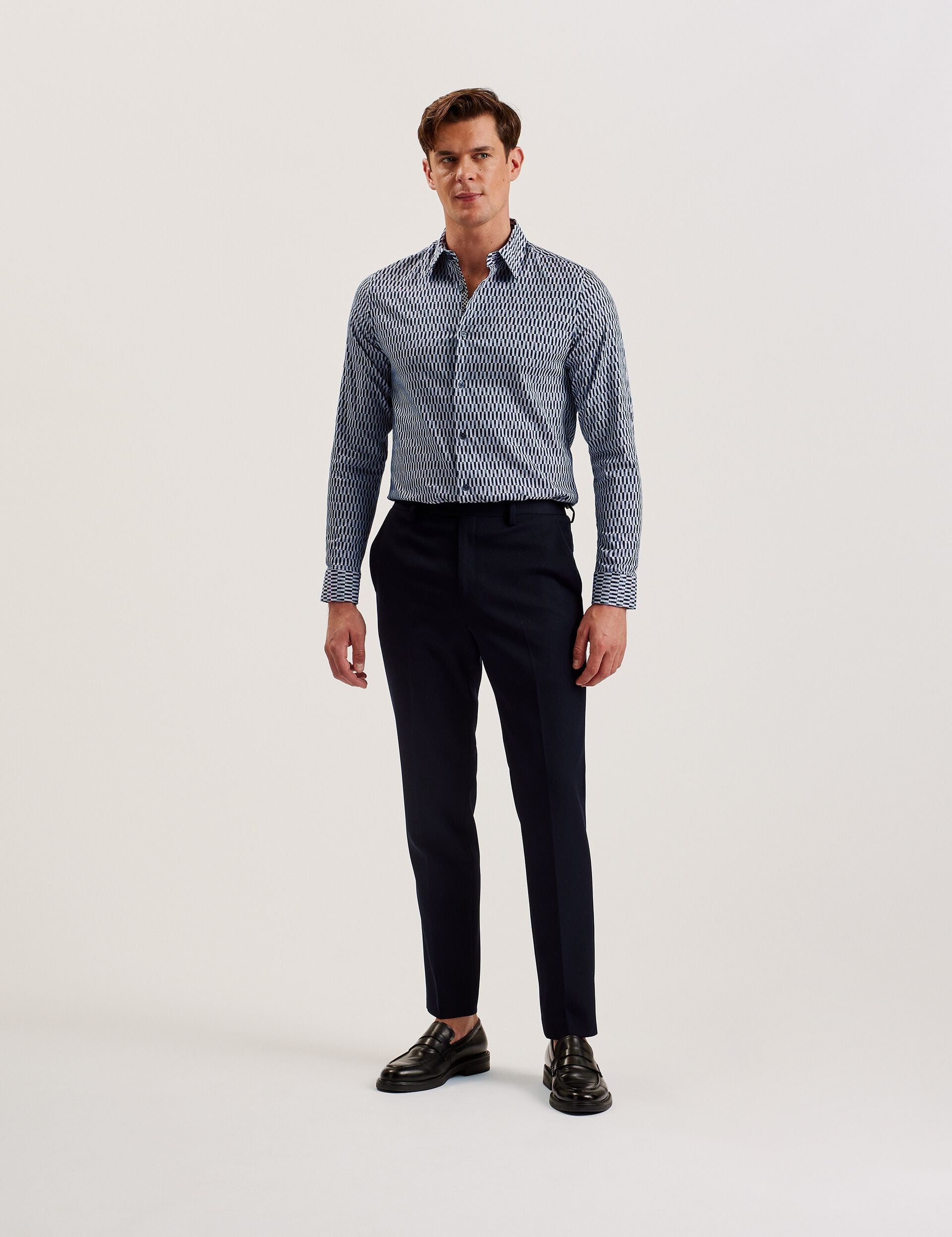 Ted Baker FRESTIN - Geometric Pattern Slim Long Sleeve Shirt NAVY