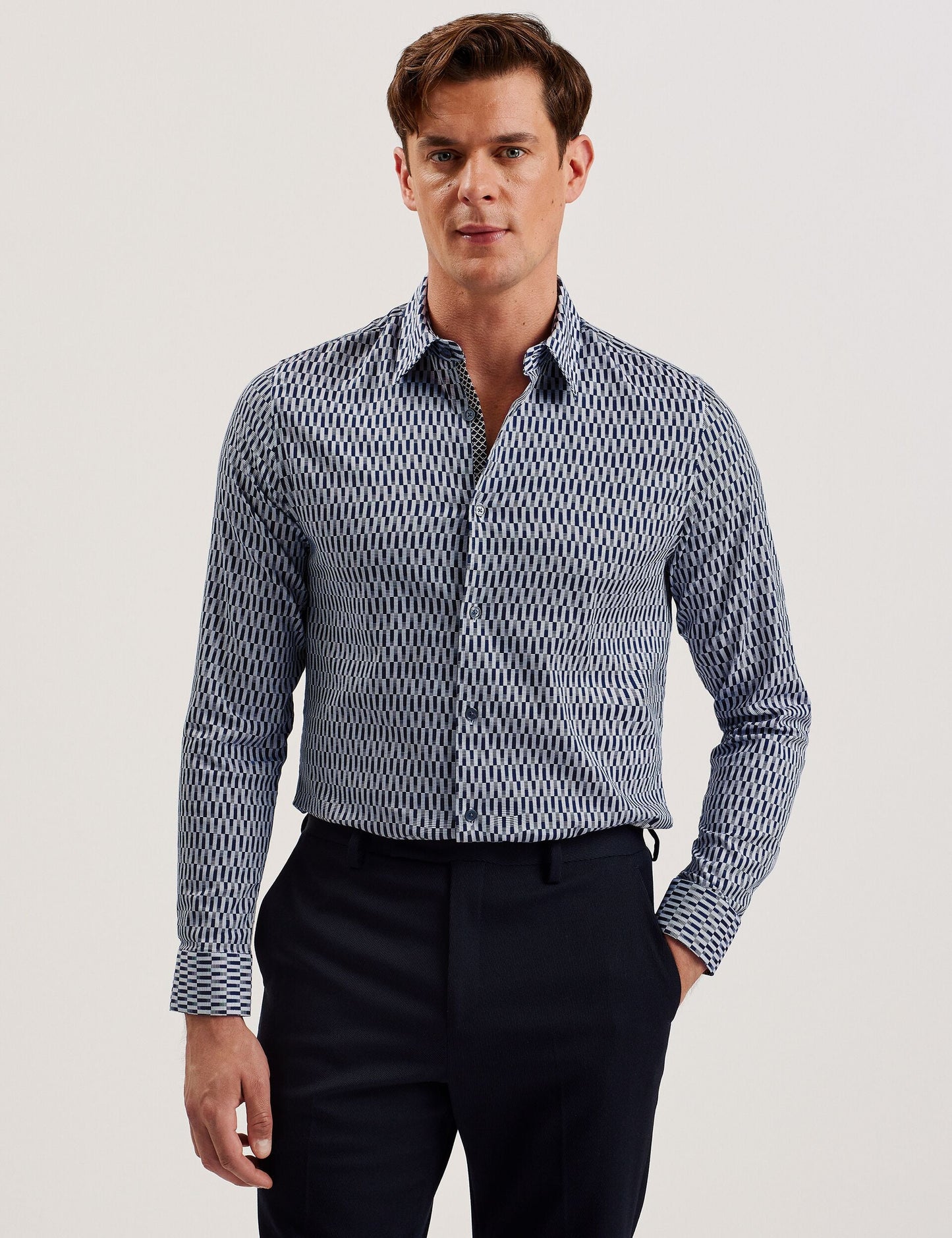 Ted Baker FRESTIN - Geometric Pattern Slim Long Sleeve Shirt NAVY