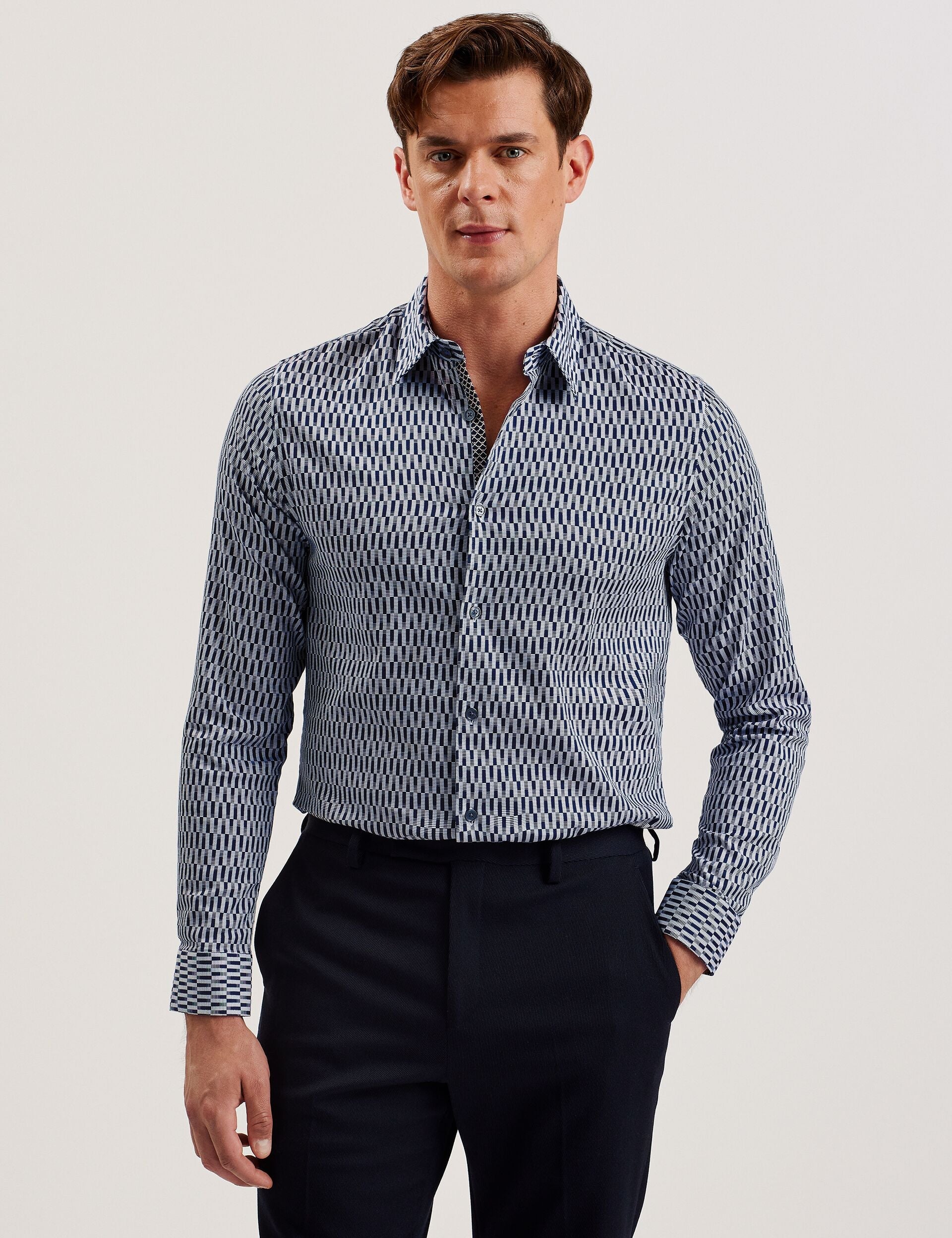 Ted Baker FRESTIN - Geometric Pattern Slim Long Sleeve Shirt NAVY