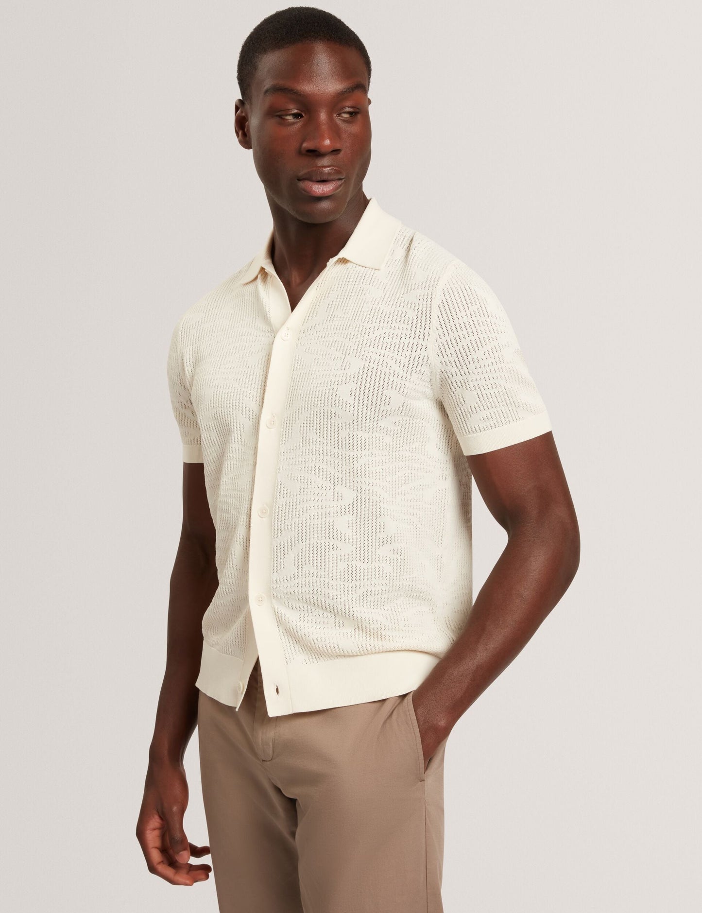 Ted Baker JORIEN Textured Crochet Knit Button-Through Polo ECRU