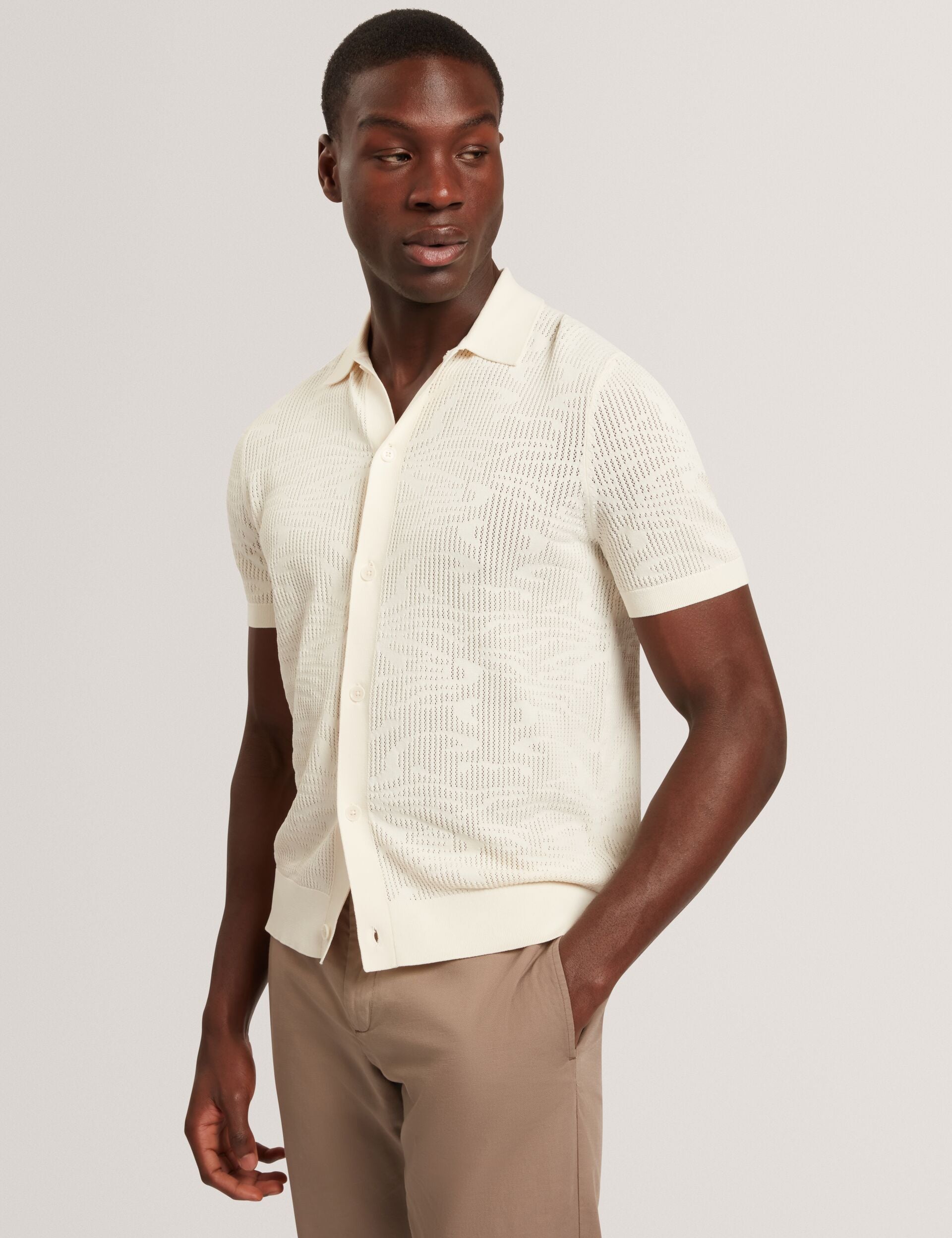 Ted Baker JORIEN Textured Crochet Knit Button-Through Polo ECRU