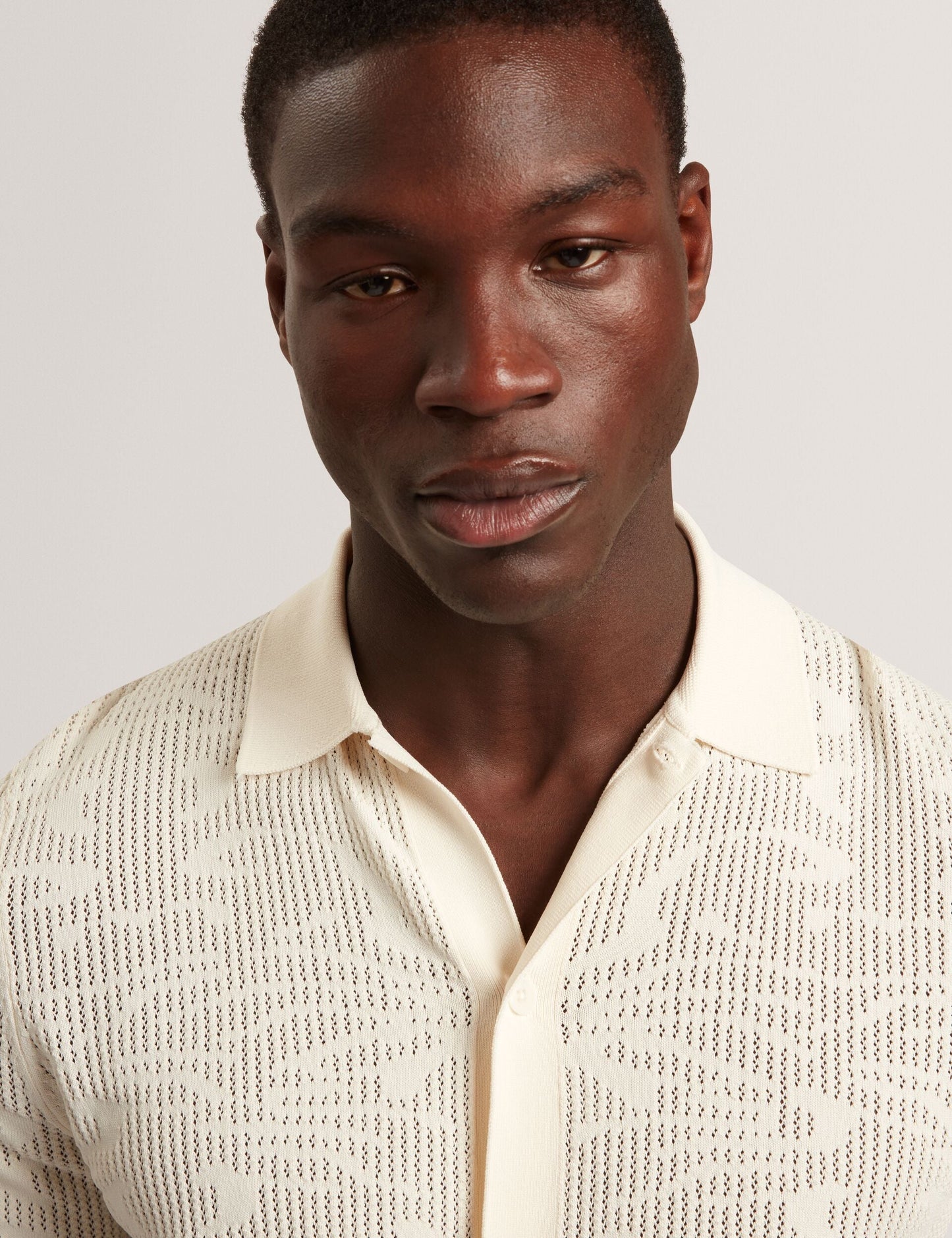 Ted Baker JORIEN Textured Crochet Knit Button-Through Polo ECRU