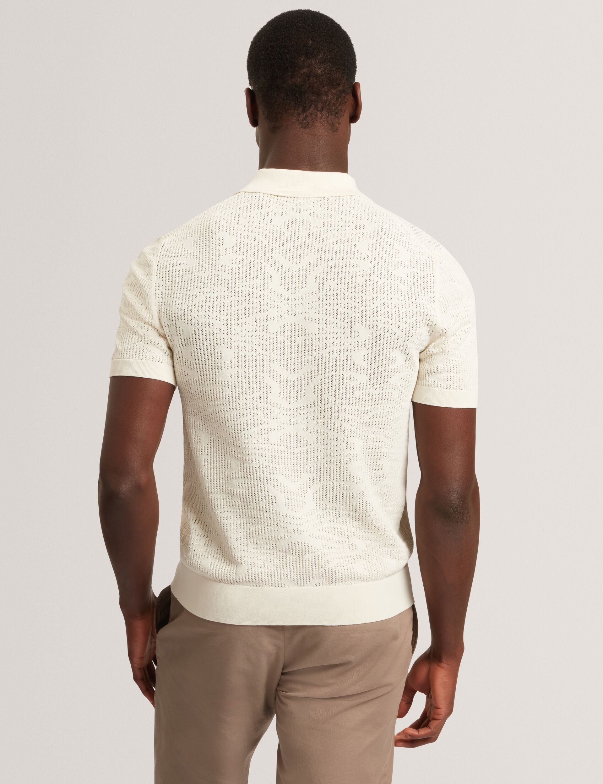 Ted Baker JORIEN Textured Crochet Knit Button-Through Polo ECRU