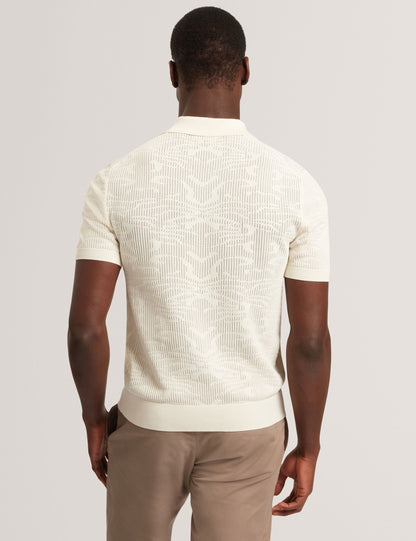 Ted Baker JORIEN Textured Crochet Knit Button-Through Polo ECRU