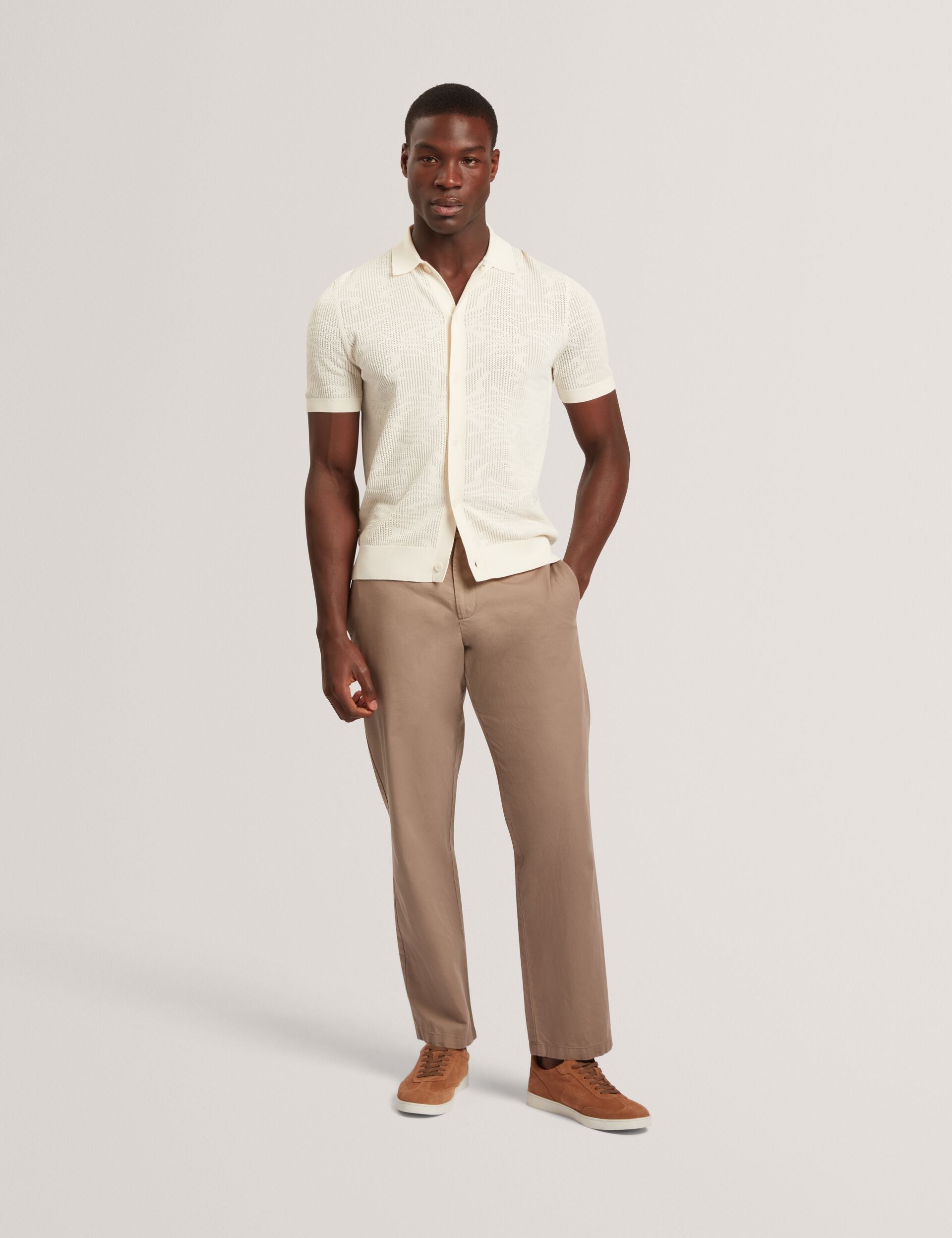 Ted Baker JORIEN Textured Crochet Knit Button-Through Polo ECRU