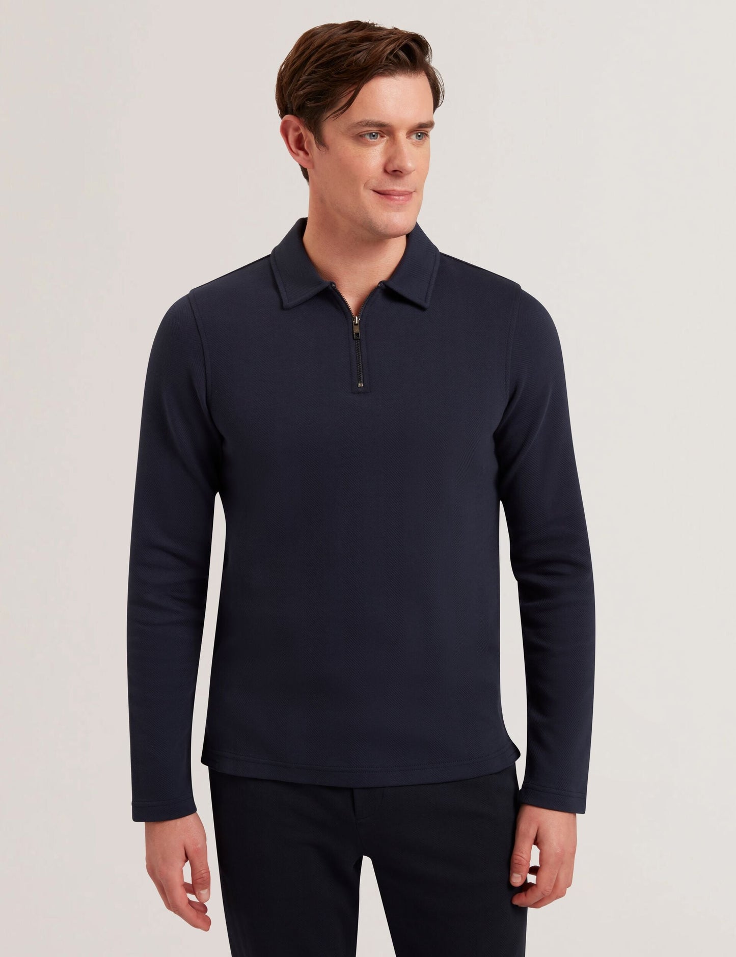 Ted Baker KALEND - Herringbone Zip Neck Long Sleeve Polo Shirt NAVY