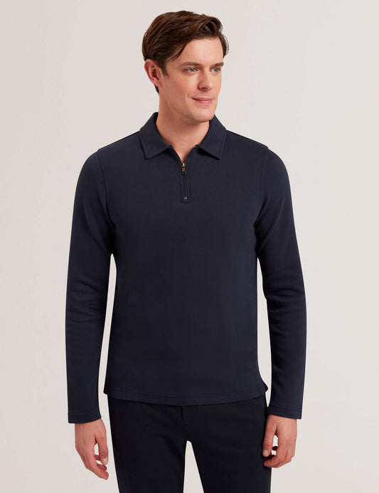 Ted Baker KALEND - Herringbone Zip Neck Long Sleeve Polo Shirt NAVY