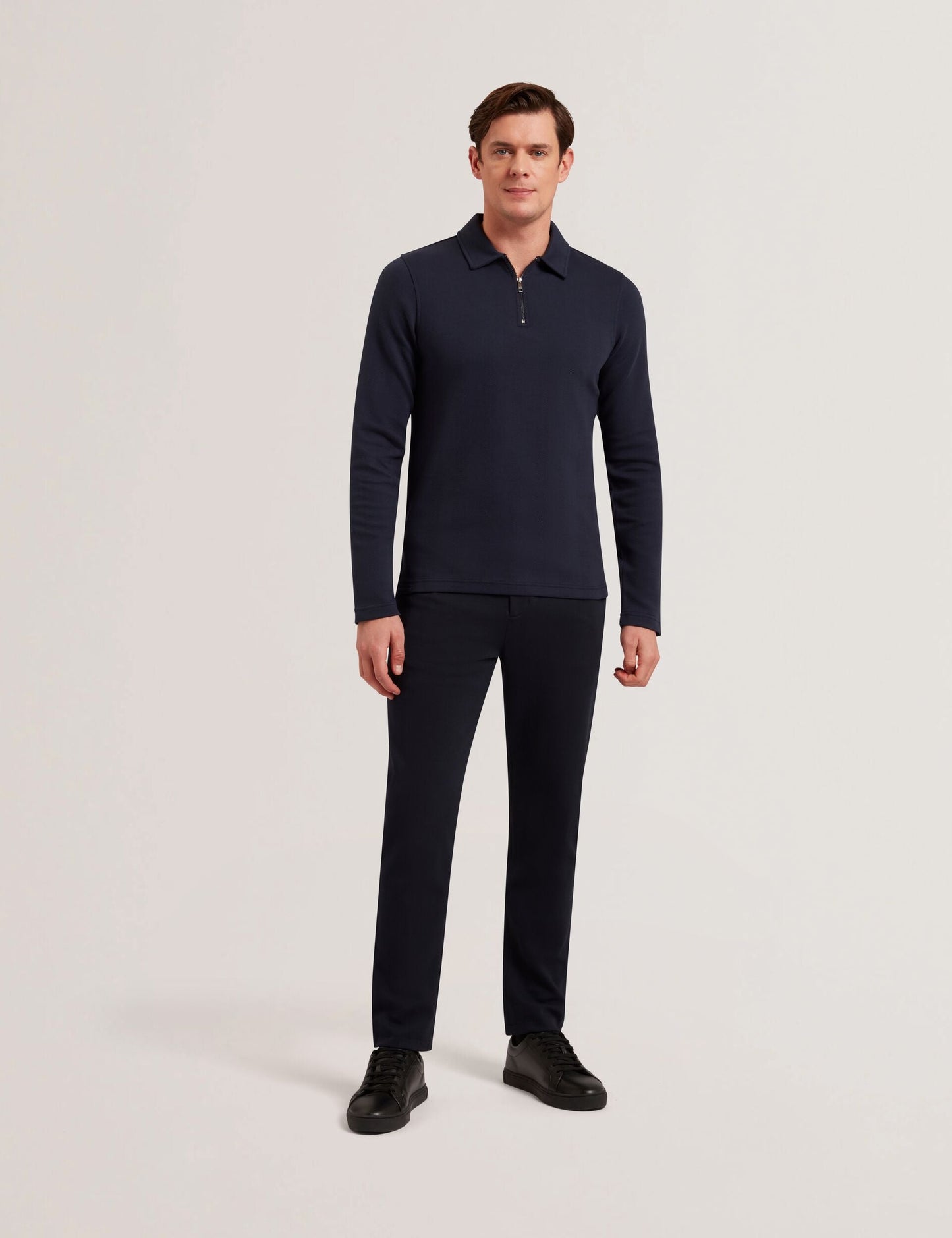 Ted Baker KALEND - Herringbone Zip Neck Long Sleeve Polo Shirt NAVY