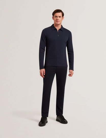 Ted Baker KALEND - Herringbone Zip Neck Long Sleeve Polo Shirt NAVY