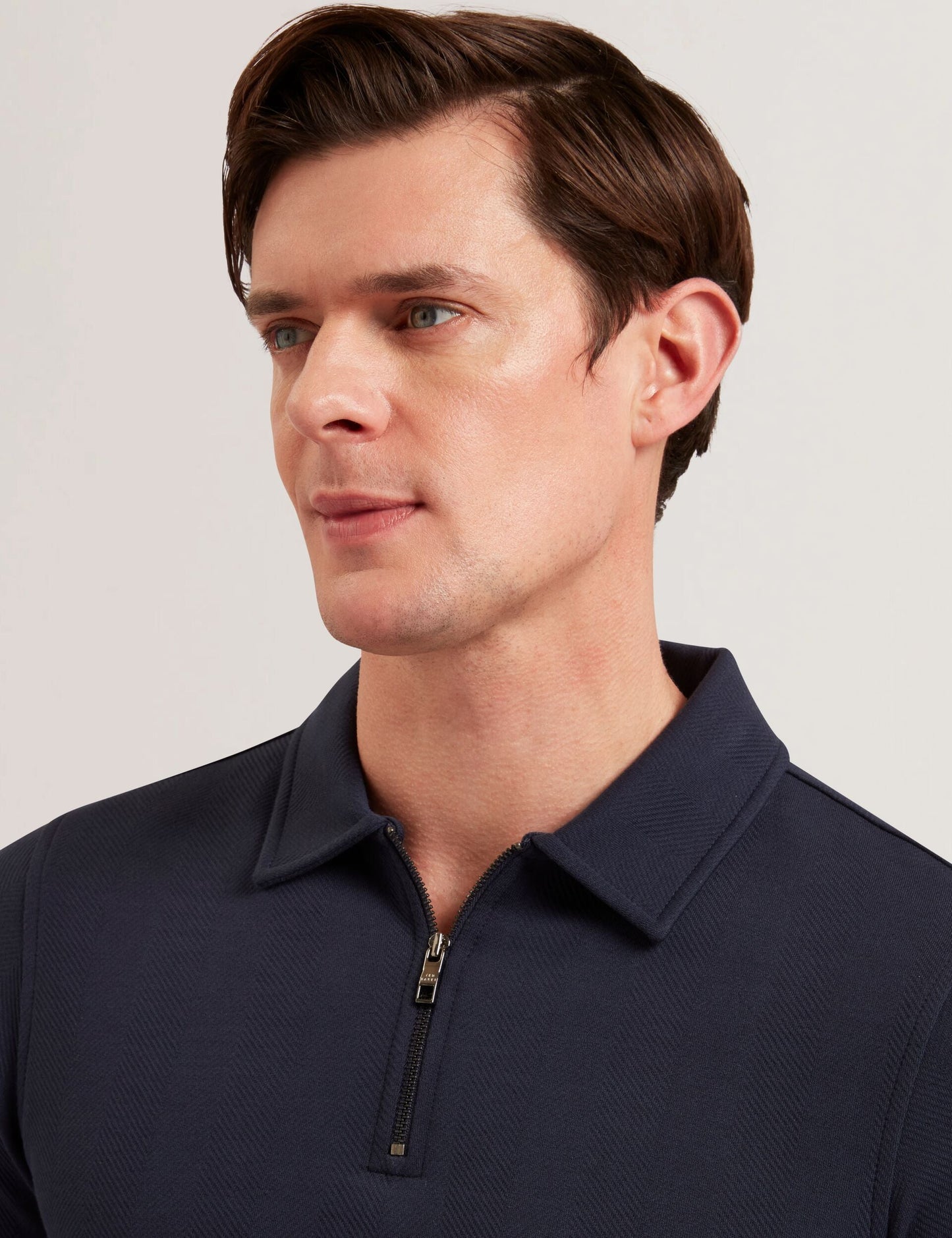 Ted Baker KALEND - Herringbone Zip Neck Long Sleeve Polo Shirt NAVY