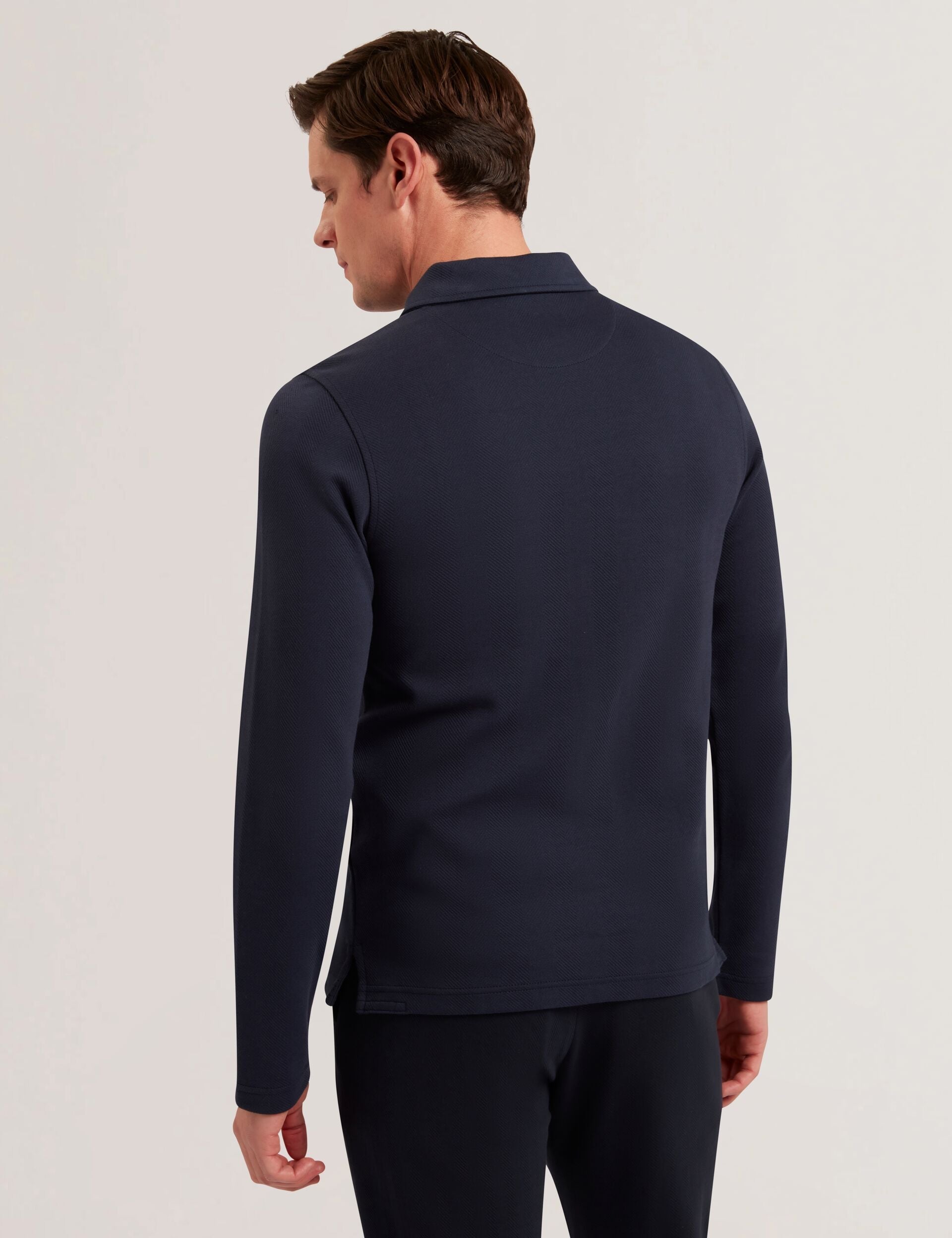 Ted Baker KALEND - Herringbone Zip Neck Long Sleeve Polo Shirt NAVY
