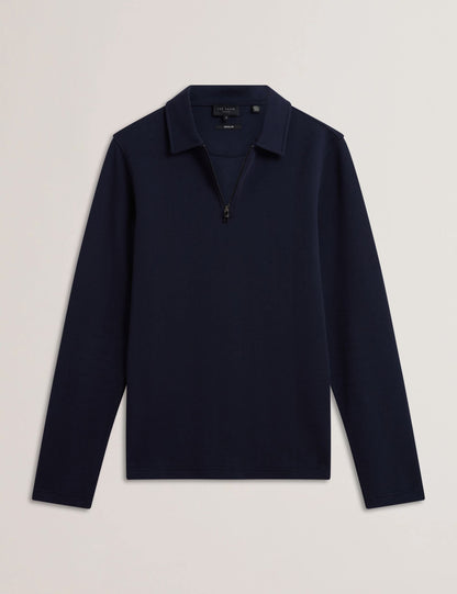 Ted Baker KALEND - Herringbone Zip Neck Long Sleeve Polo Shirt NAVY