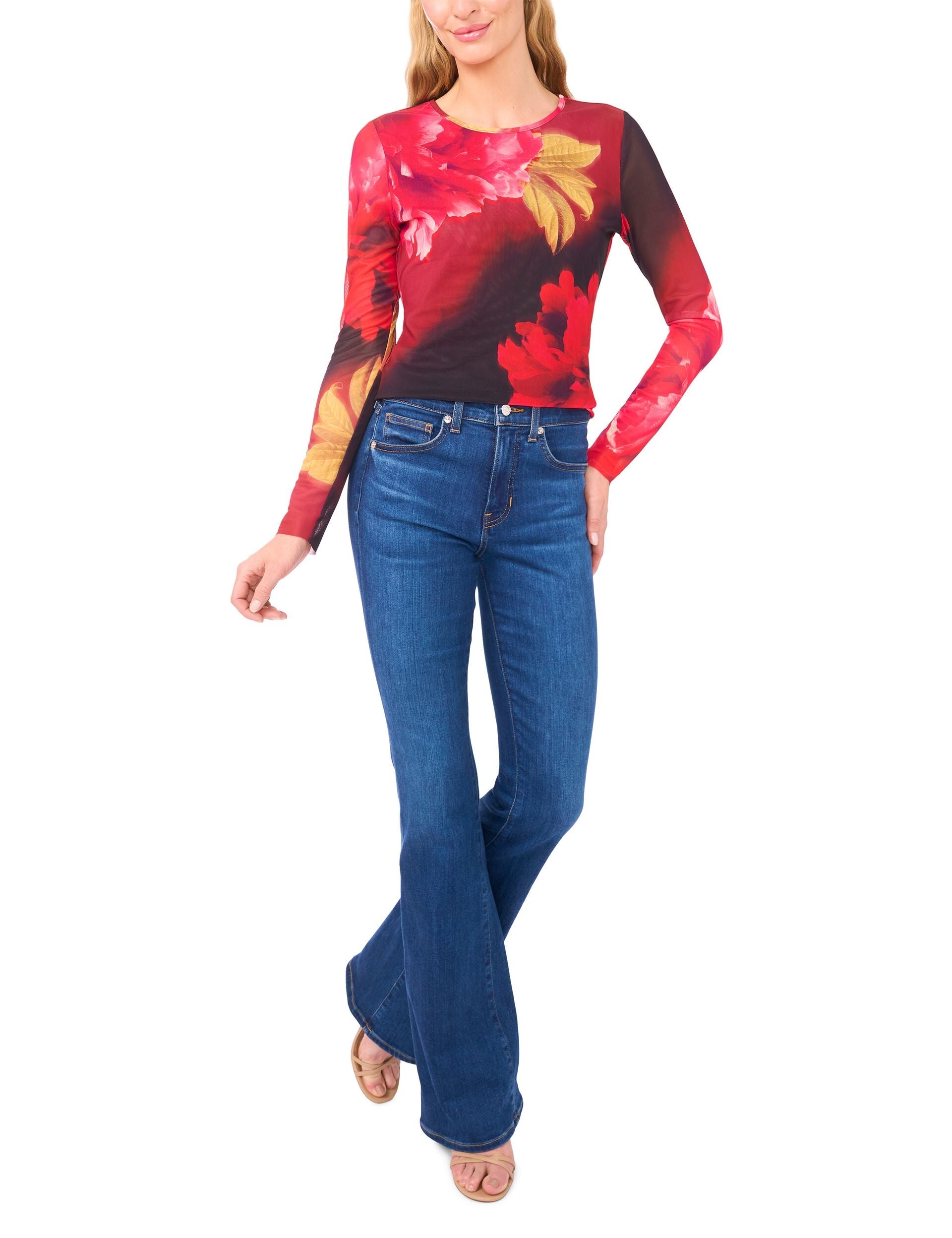 Ted Baker LONG SLEEVE MESH TOP - Flame Scarlet RED