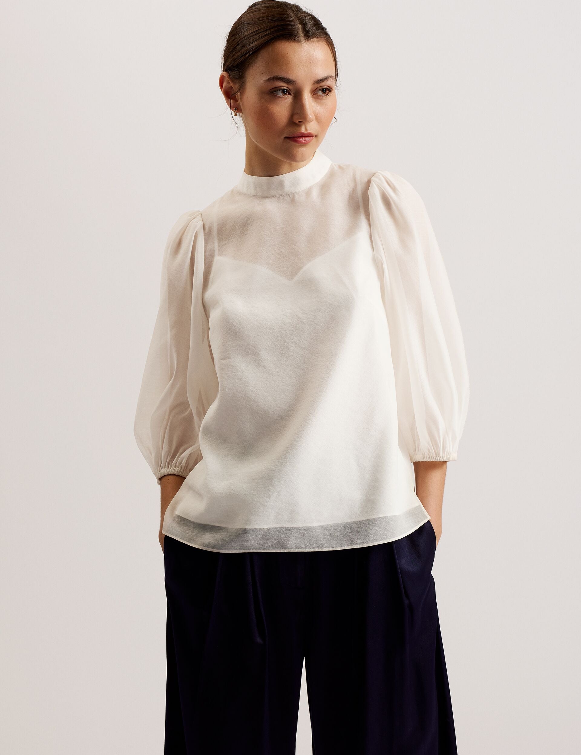Ted Baker FRIAS - Sheer Organza Top with Balloon Sleeves IVORY
