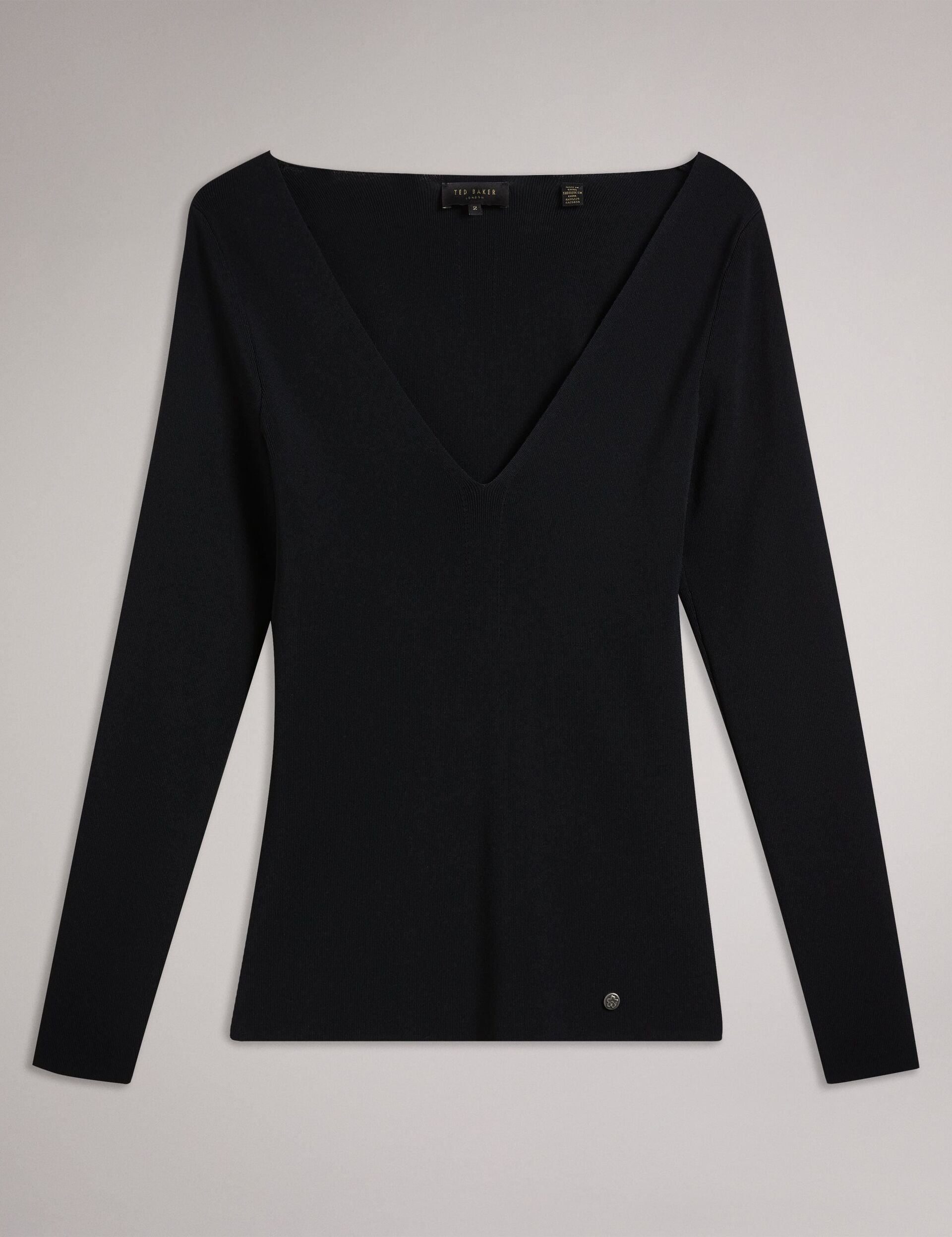 Ted Baker CILESTE - Fitted V-Neck Long Sleeve Knit Top BLACK