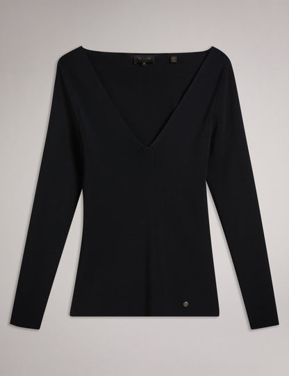 Ted Baker CILESTE - Fitted V-Neck Long Sleeve Knit Top BLACK