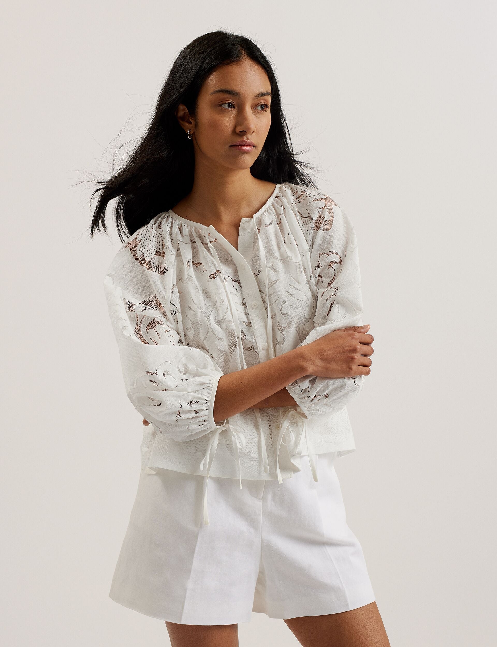 Ted Baker BACINA - Lace 3/4 Balloon Sleeve Blouse WHITE