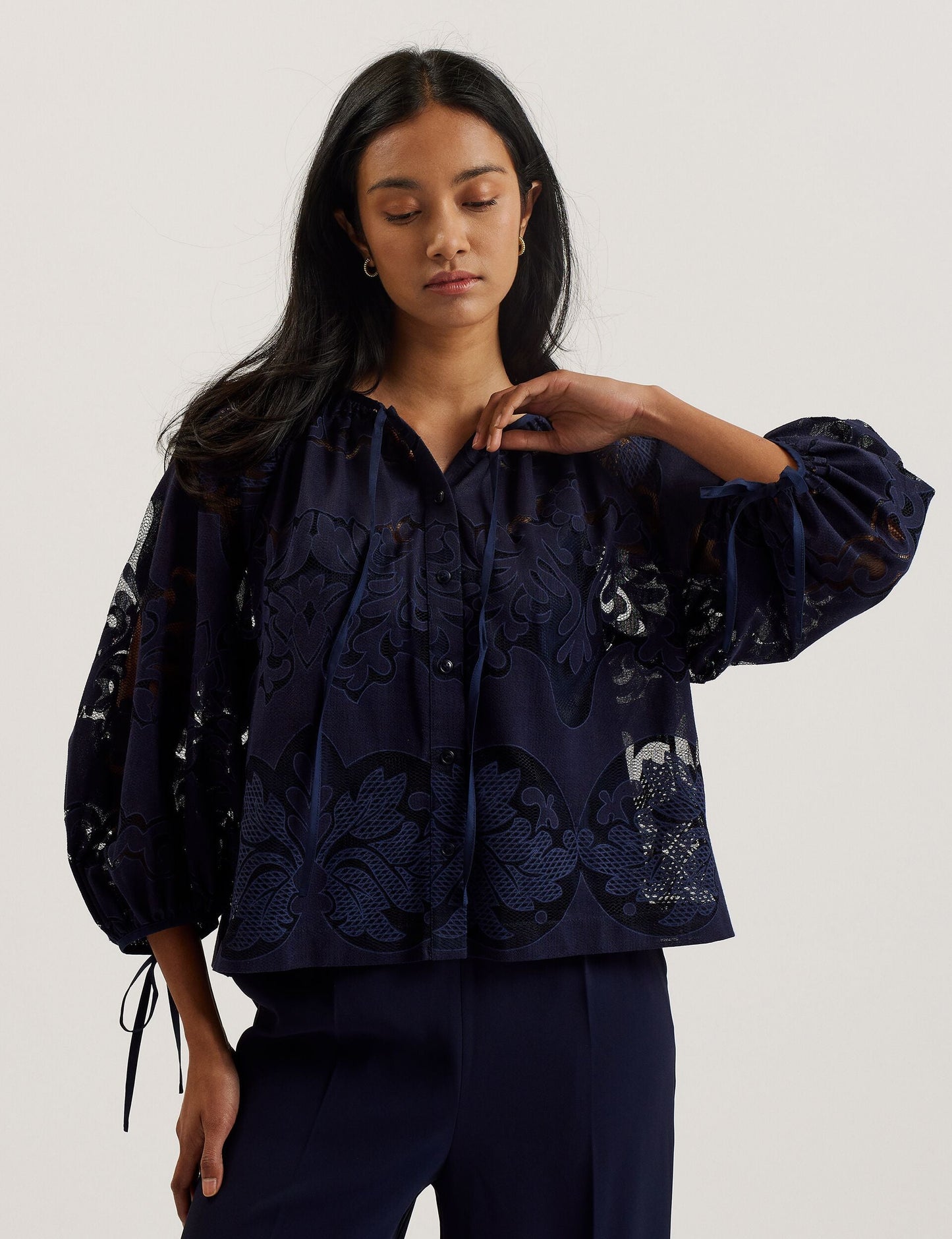 Ted Baker BACINA - Lace 3/4 Balloon Sleeve Blouse DARK BLUE