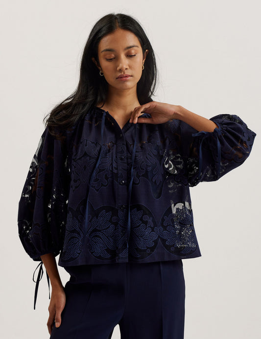 Ted Baker BACINA - Lace 3/4 Balloon Sleeve Blouse DARK BLUE