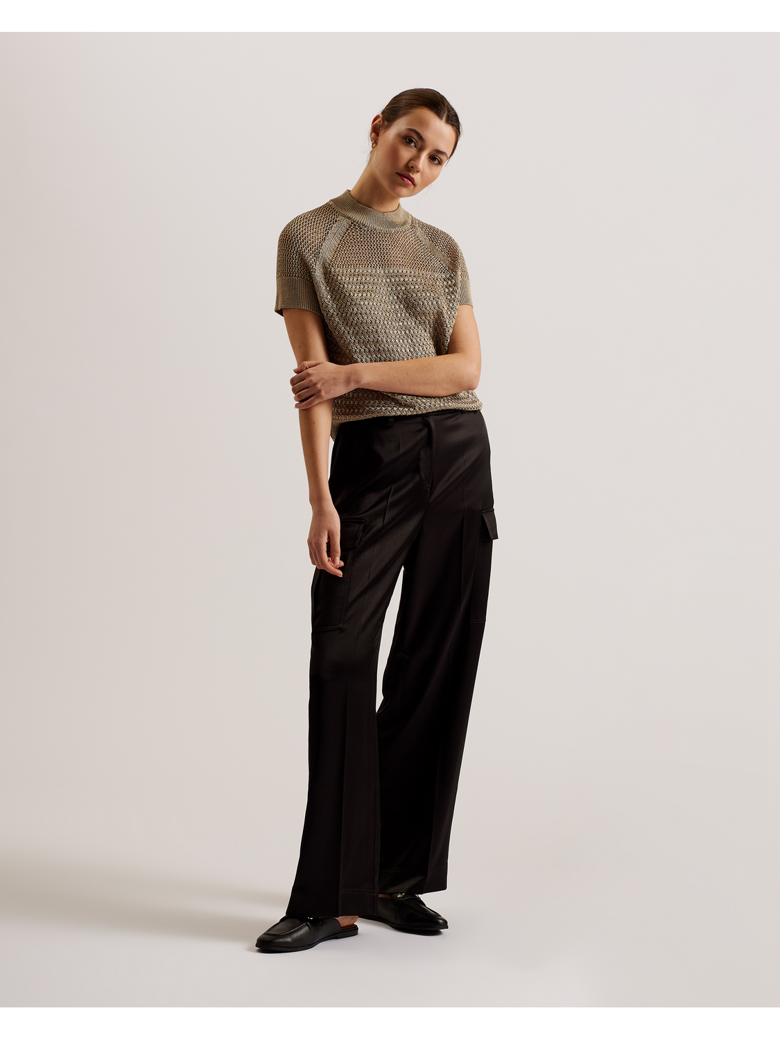 Ted Baker ABALY - Metallic Knitted Short Sleeve Top NATURAL