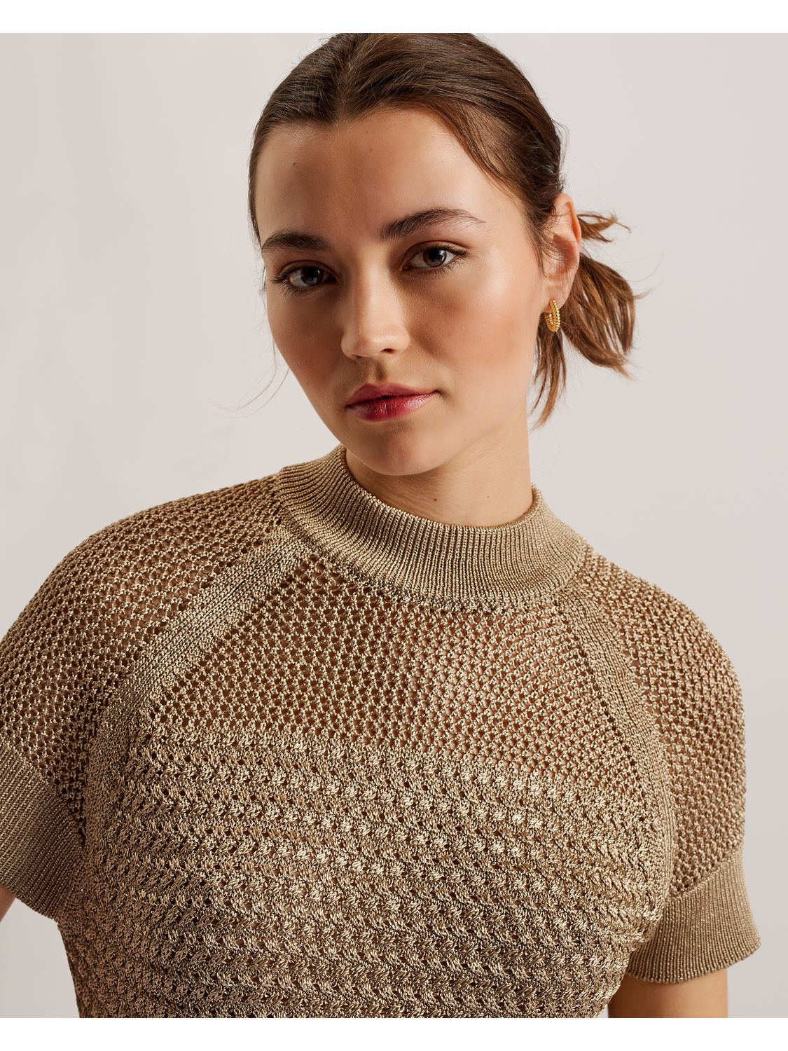 Ted Baker ABALY - Metallic Knitted Short Sleeve Top NATURAL