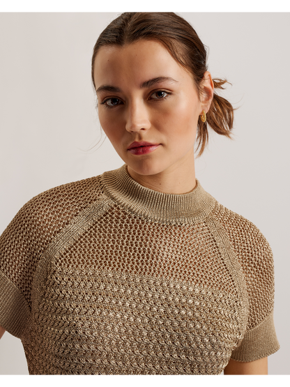 Ted Baker ABALY - Metallic Knitted Short Sleeve Top NATURAL