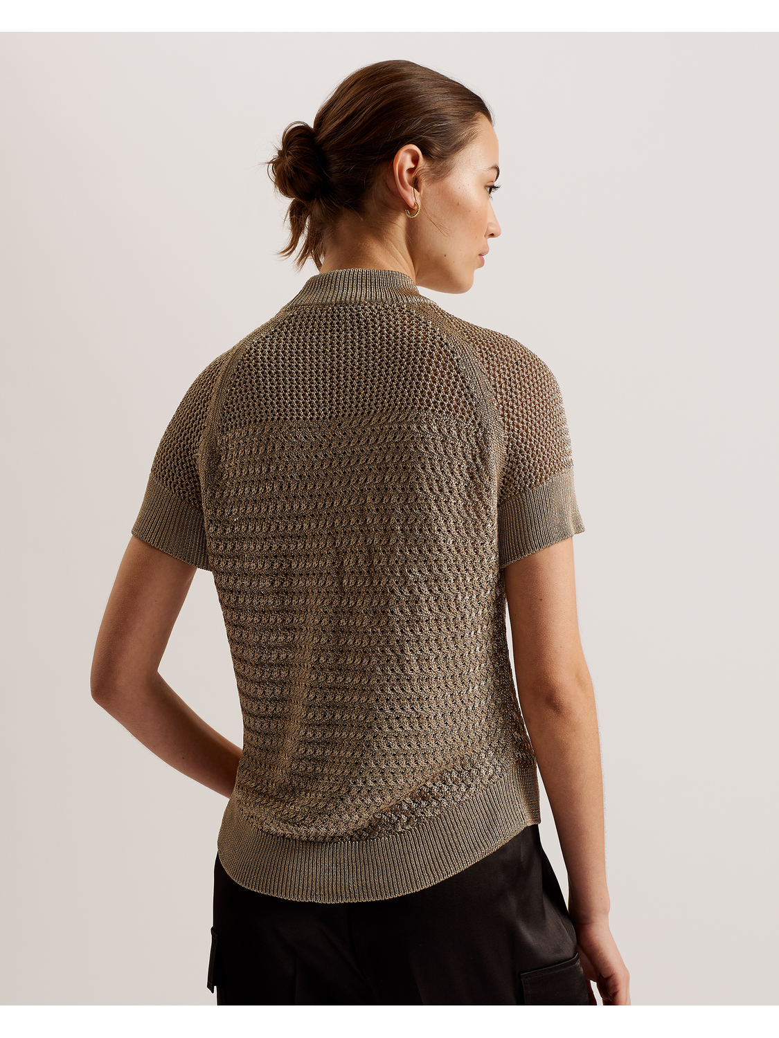 Ted Baker ABALY - Metallic Knitted Short Sleeve Top NATURAL