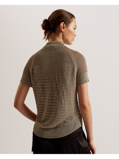 Ted Baker ABALY - Metallic Knitted Short Sleeve Top NATURAL