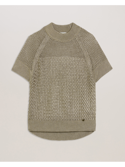 Ted Baker ABALY - Metallic Knitted Short Sleeve Top NATURAL