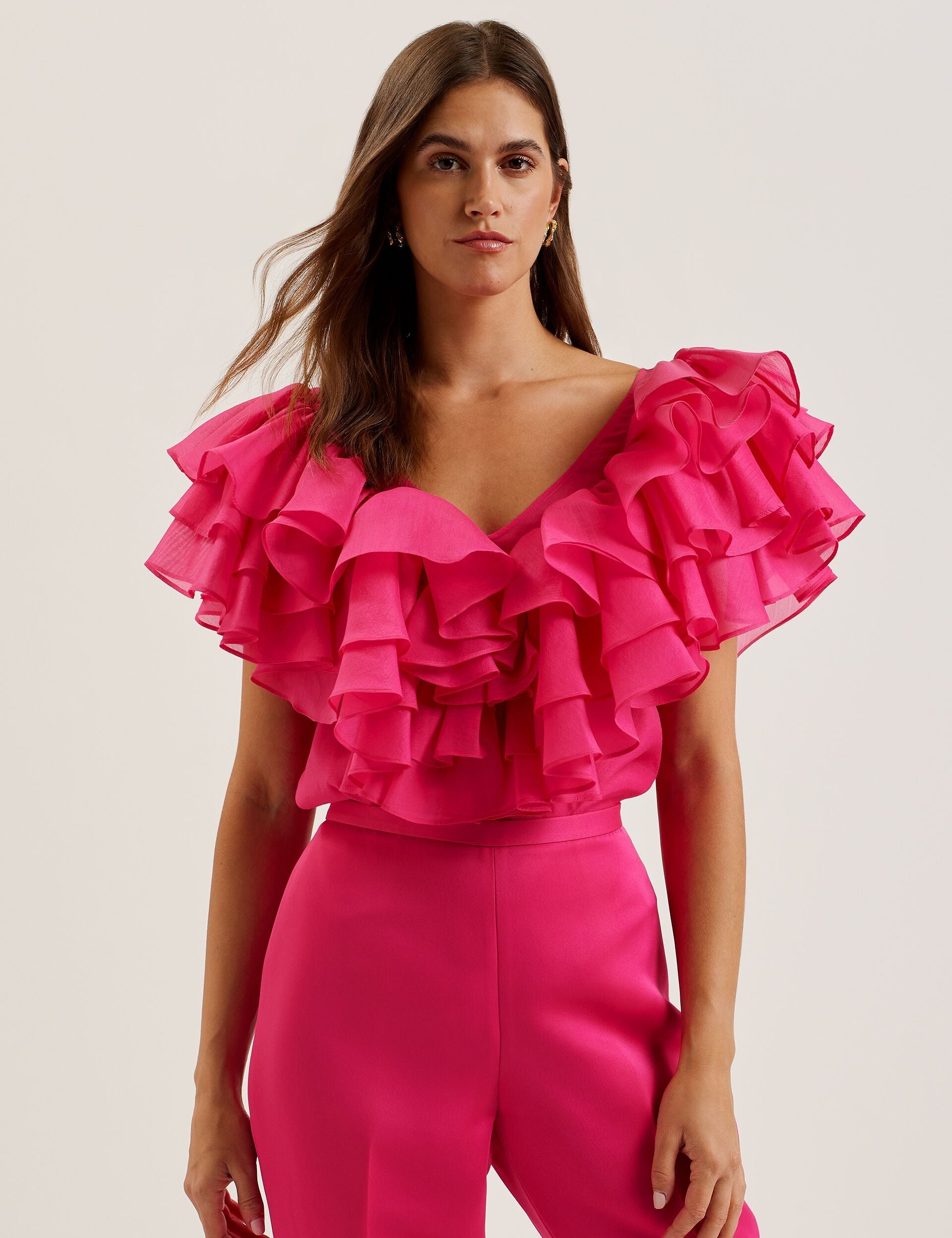 Ted Baker CALONDA - Oversized Frill Trim V-Neck Top FUCHSIA