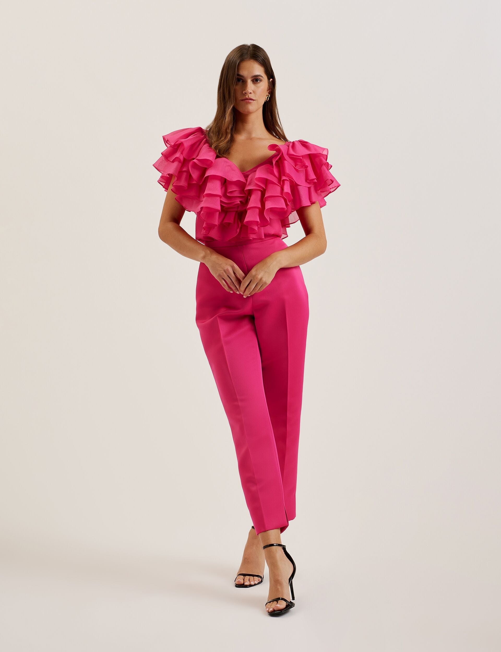Ted Baker CALONDA - Oversized Frill Trim V-Neck Top FUCHSIA