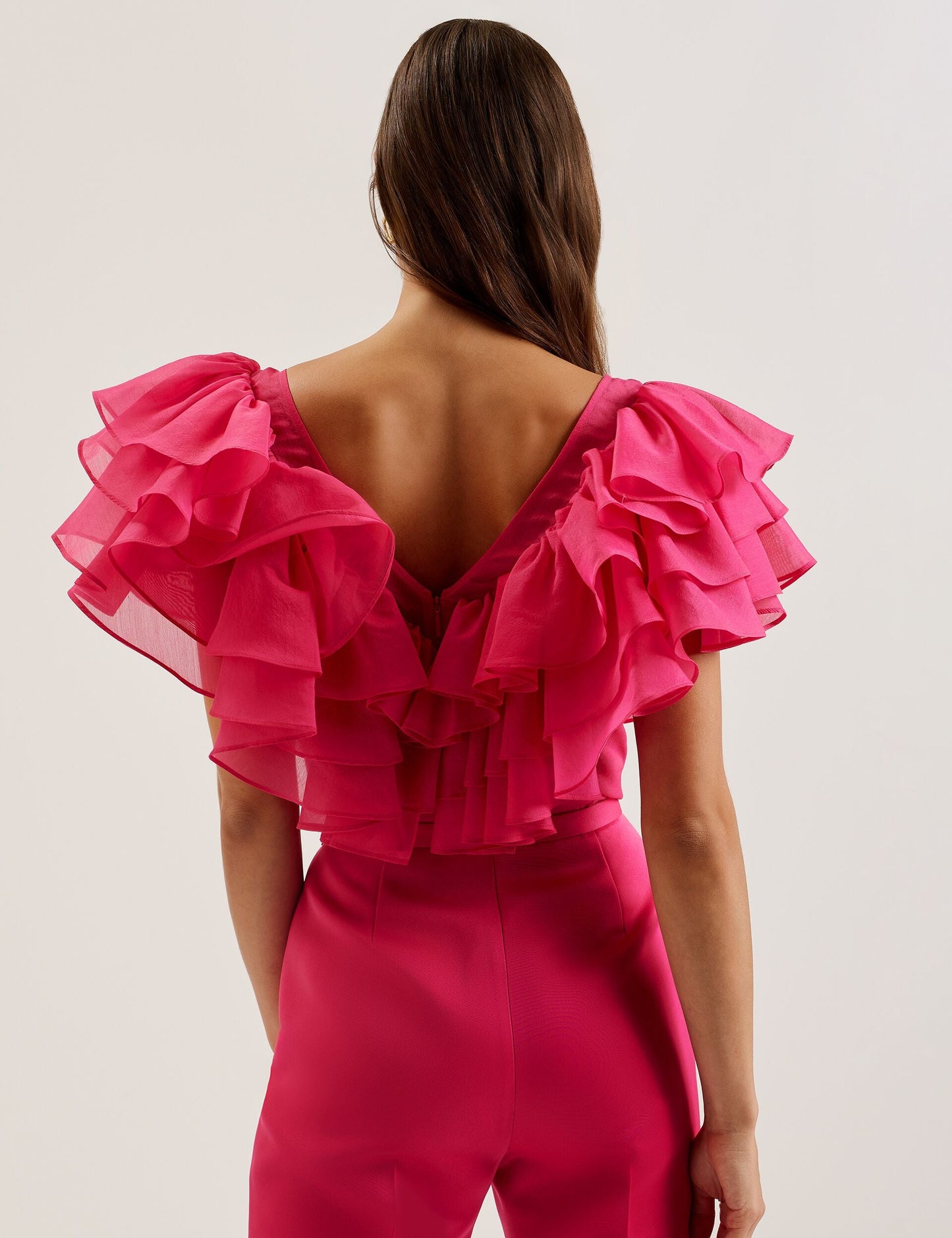 Ted Baker CALONDA - Oversized Frill Trim V-Neck Top FUCHSIA