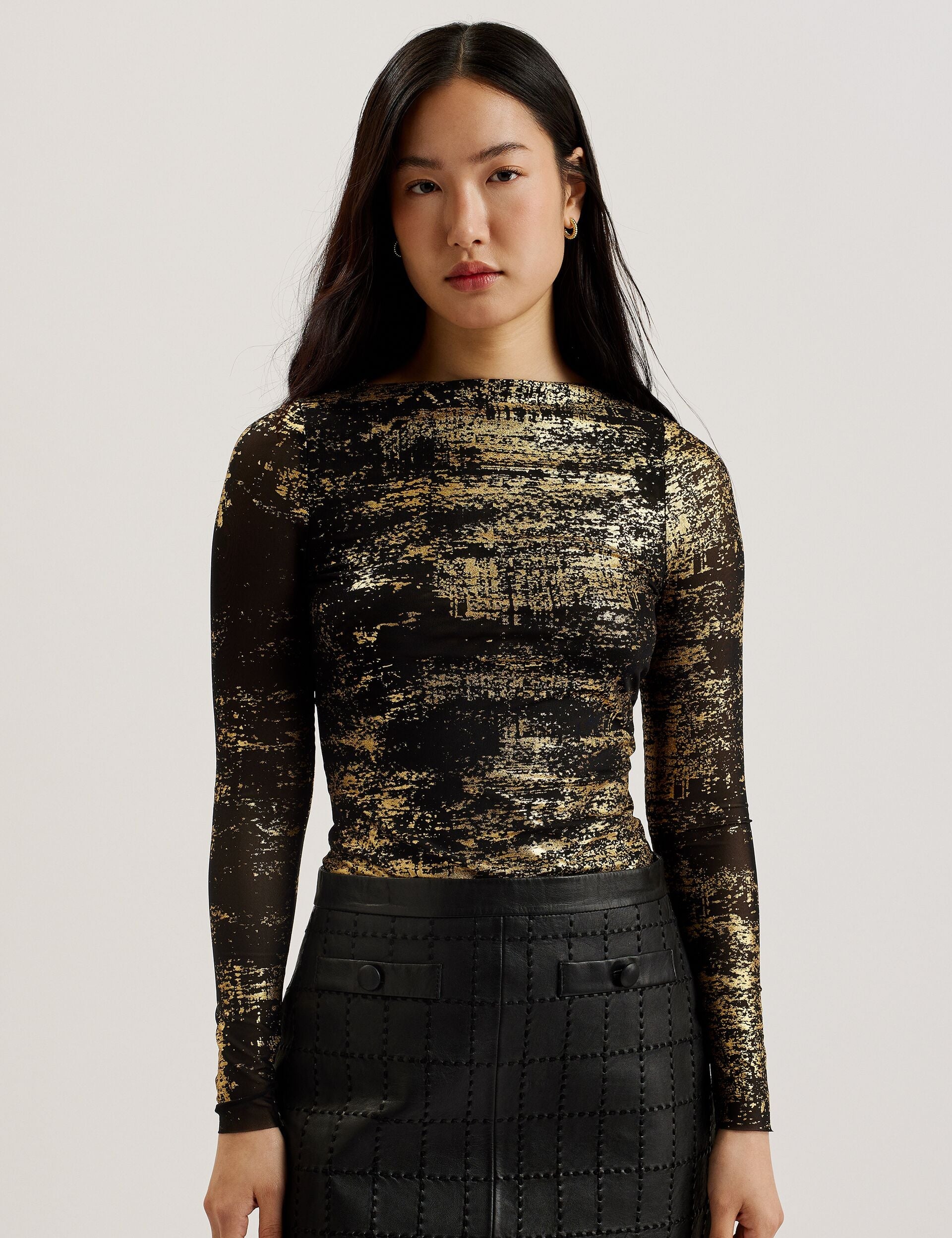 Ted Baker KARENHA - Foil Printed Slash Neck Mesh Top BLACK