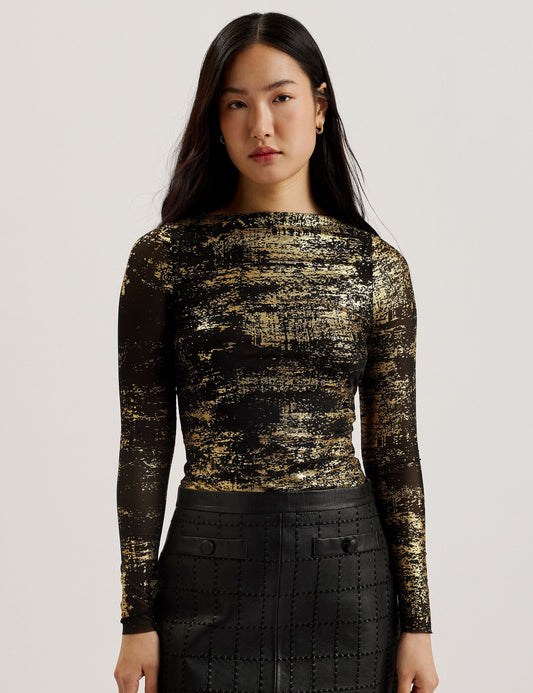 Ted Baker KARENHA - Foil Printed Slash Neck Mesh Top BLACK
