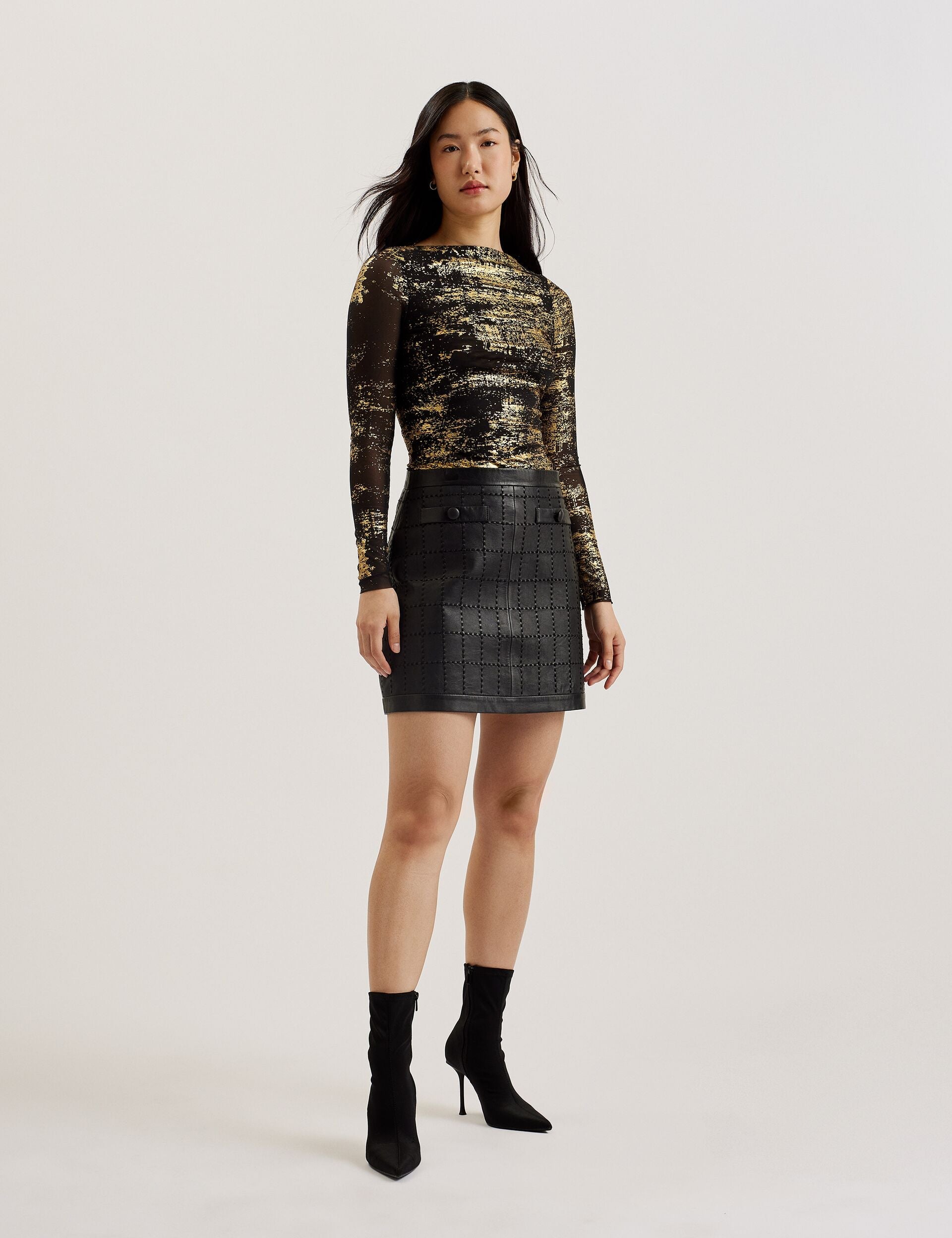 Ted Baker KARENHA - Foil Printed Slash Neck Mesh Top BLACK