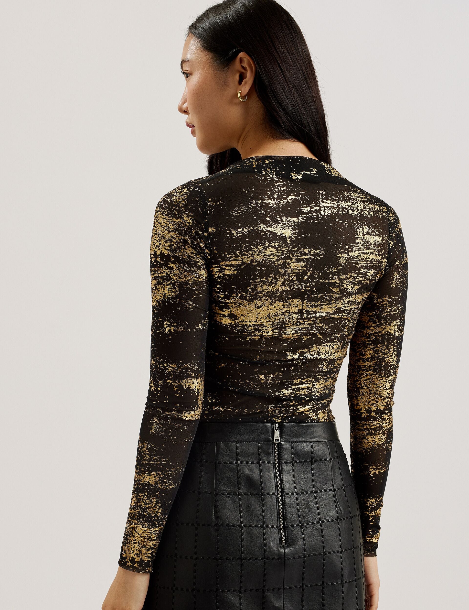 Ted Baker KARENHA - Foil Printed Slash Neck Mesh Top BLACK