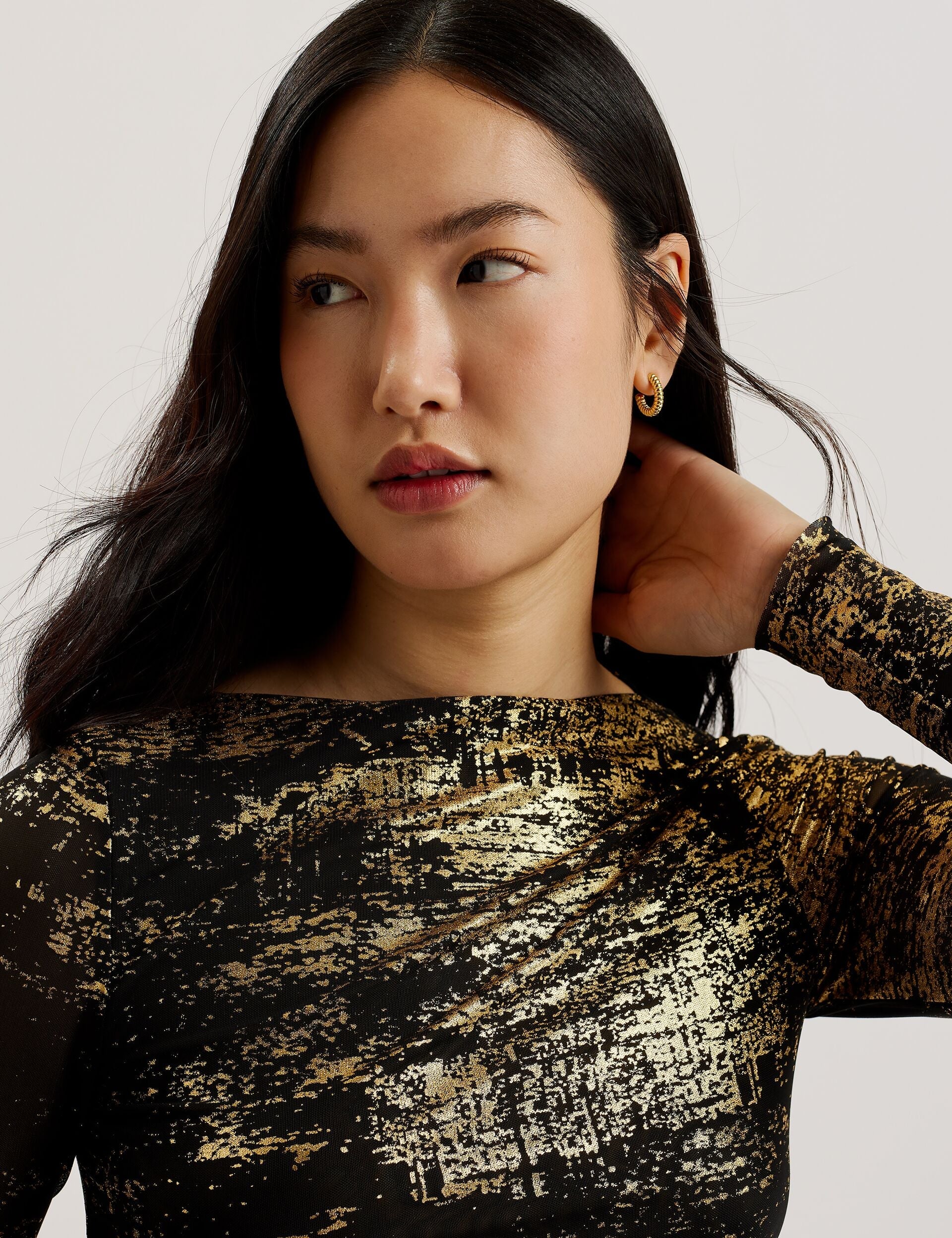 Ted Baker KARENHA - Foil Printed Slash Neck Mesh Top BLACK